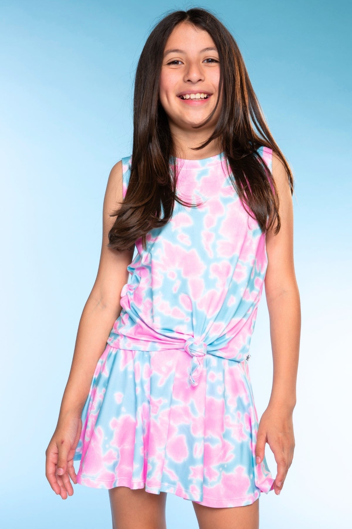Simply Soft Sleeveless Tie Front Tank & Skort Set - Pink Teal Tie Dye