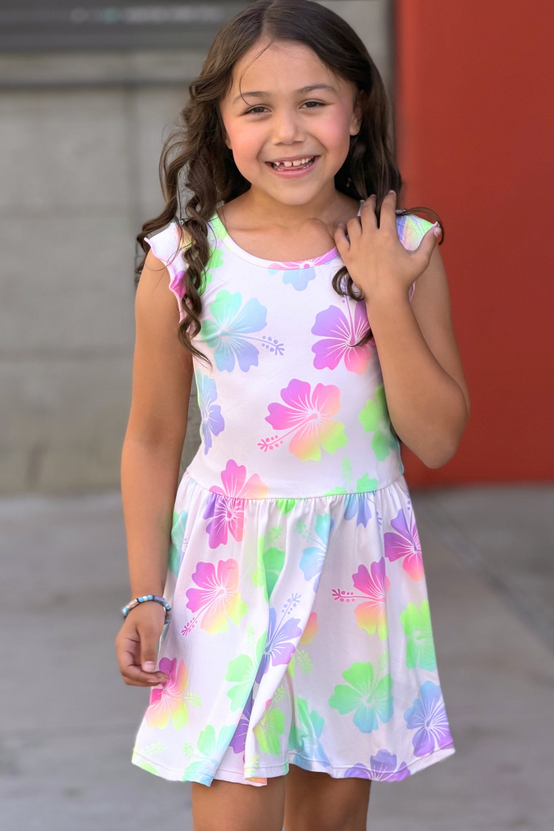 Simply Soft Flutter Sleeve Be Happy Dress - Rainbow Pastel Tie Dye