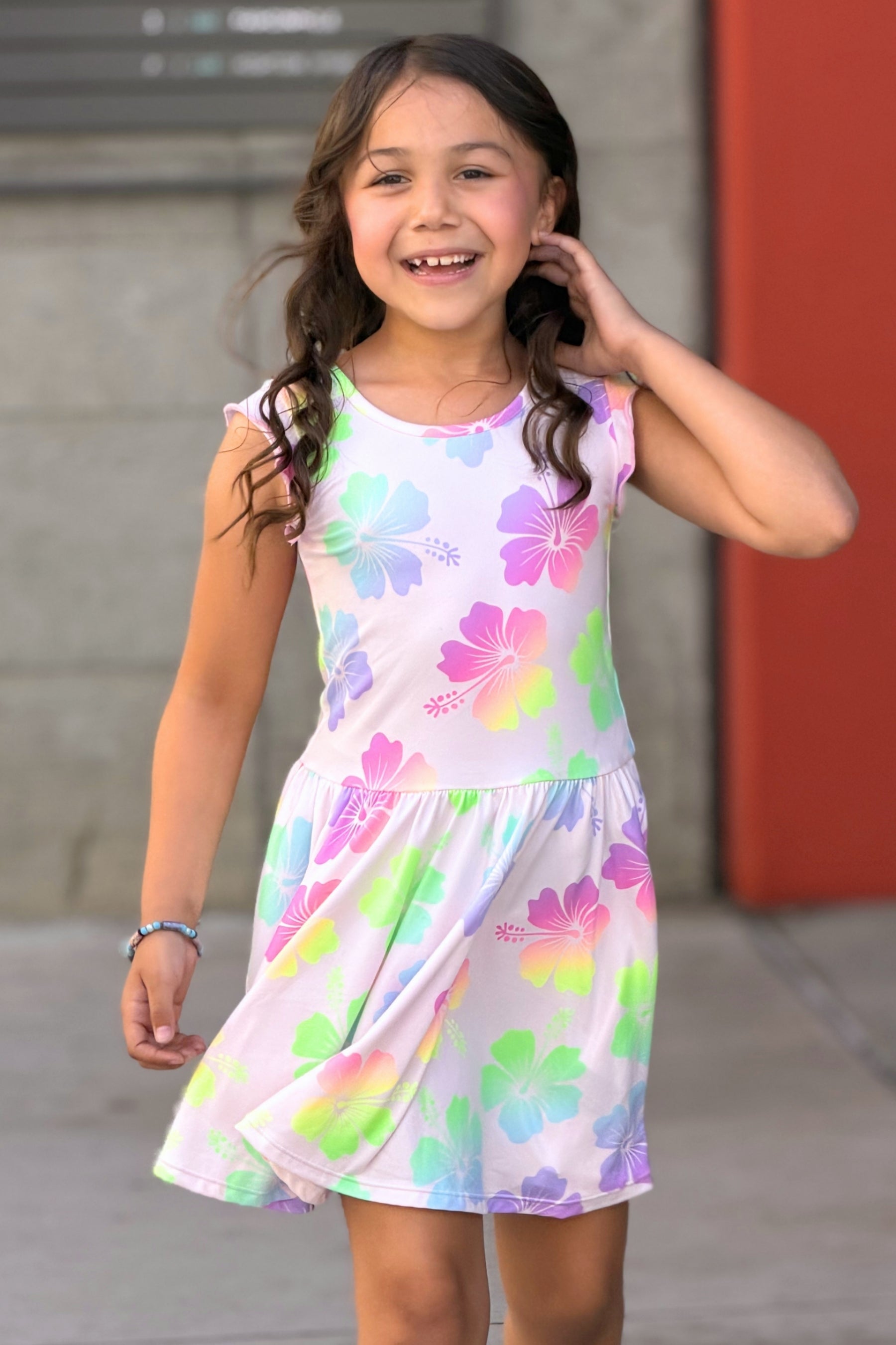 Simply Soft Flutter Sleeve Be Happy Dress - Rainbow Pastel Tie Dye