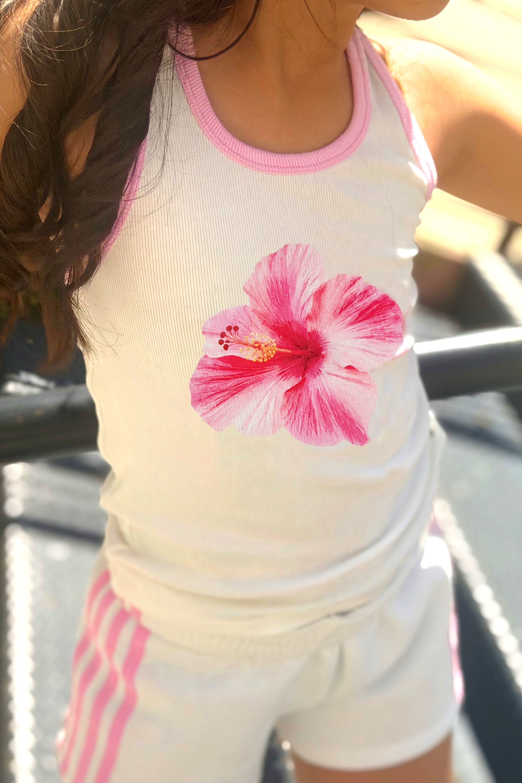 Ribbed Racerback Tank - White Hibiscus Floral - NEW!