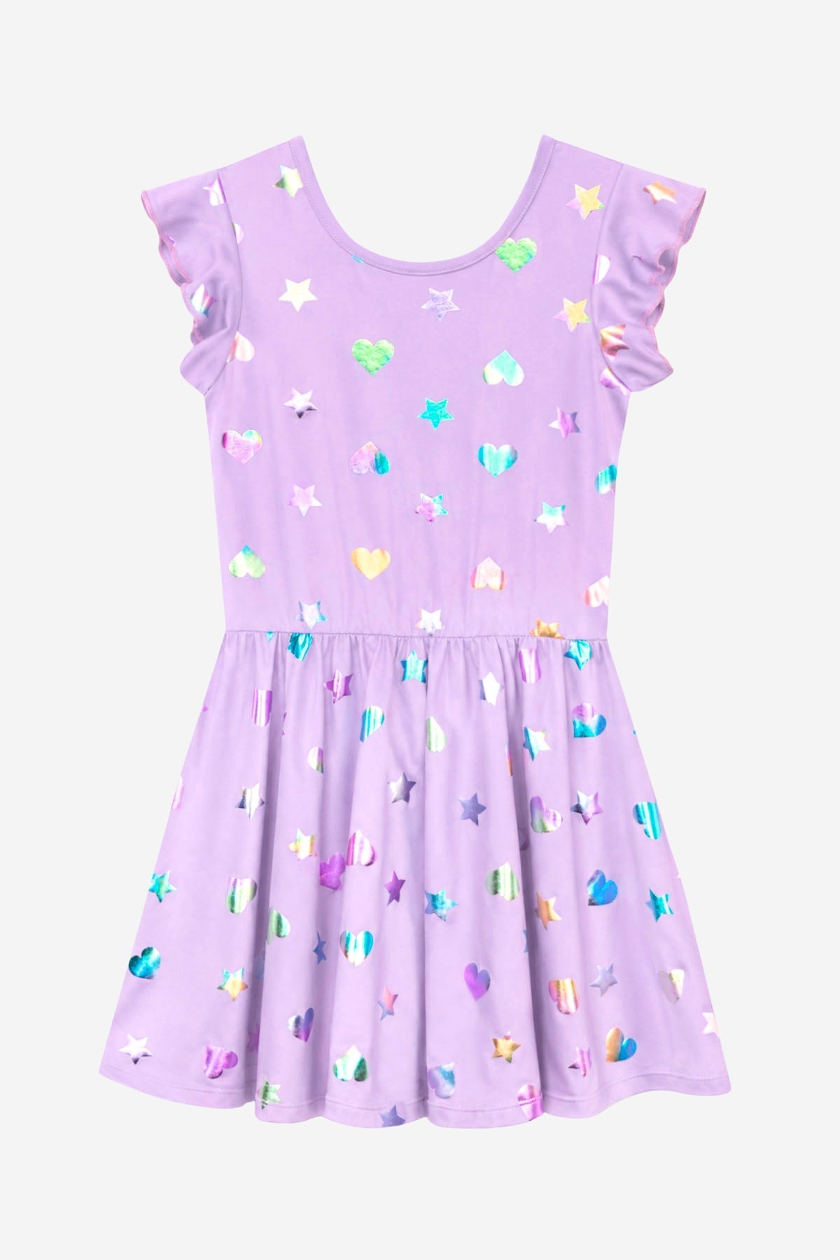 Flutter Sleeve Be Happy Dress - Lilac Rainbow Foil Hearts & Stars - NEW!