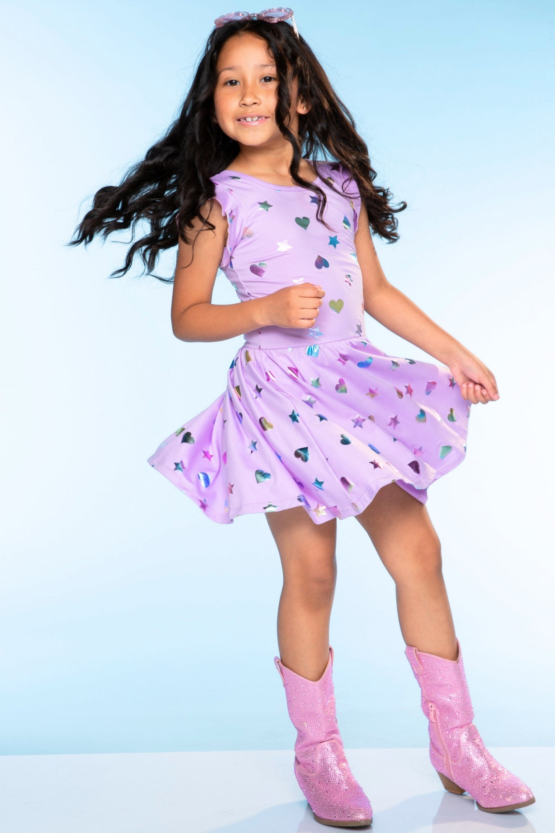 Flutter Sleeve Be Happy Dress - Lilac Rainbow Foil Hearts & Stars - NEW!