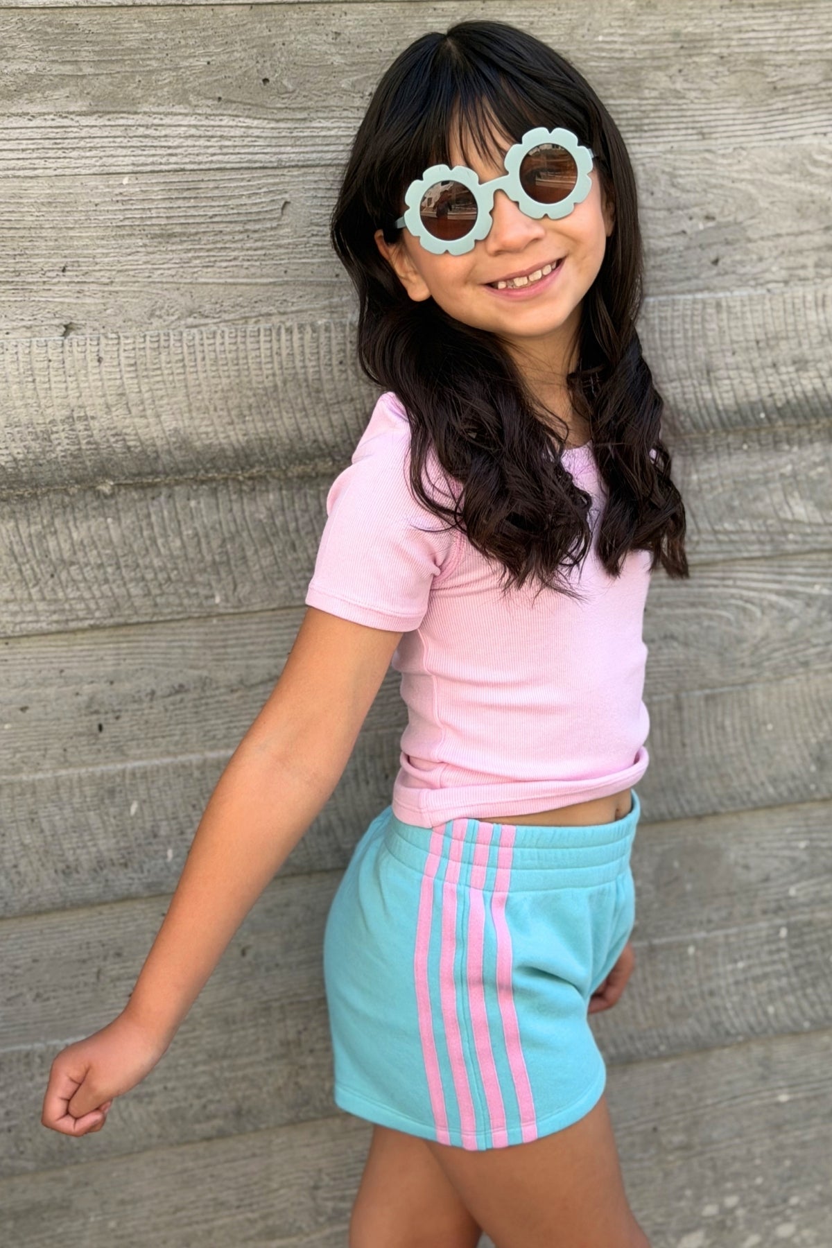 French Terry Smocked Striped Short - Pink Denim
