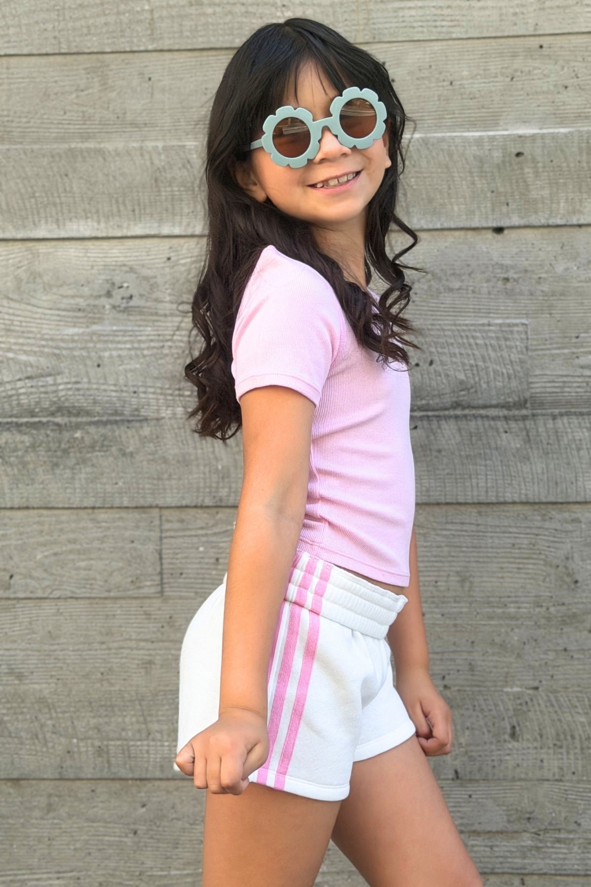 French Terry Smocked Striped Short - Ivory Pink