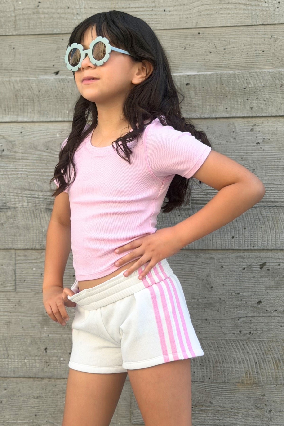 French Terry Smocked Striped Short - Pink Denim