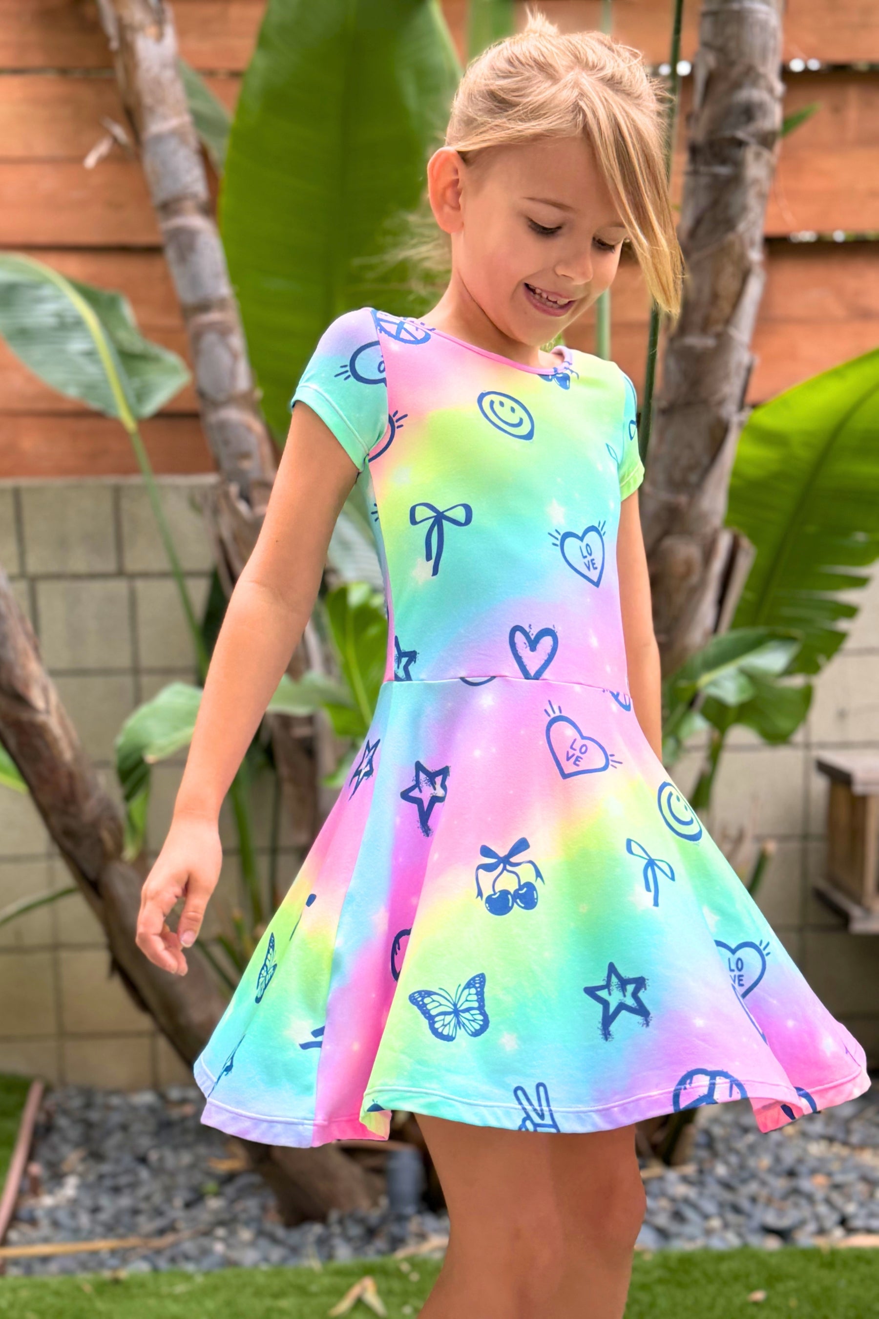Simply Soft Short Sleeve Skater Dress - Denim Rainbow Graffiti