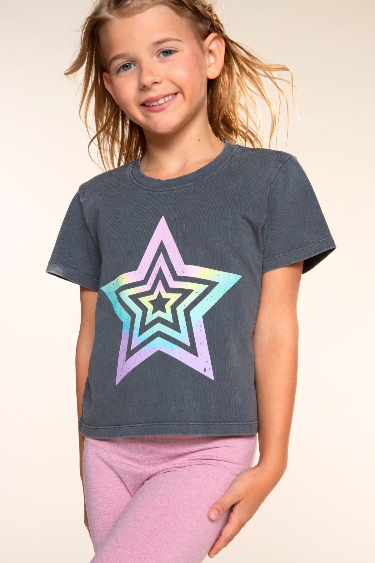 Vintaged Washed Cotton Easy Tee - Charcoal Rainbow Star - NEW!