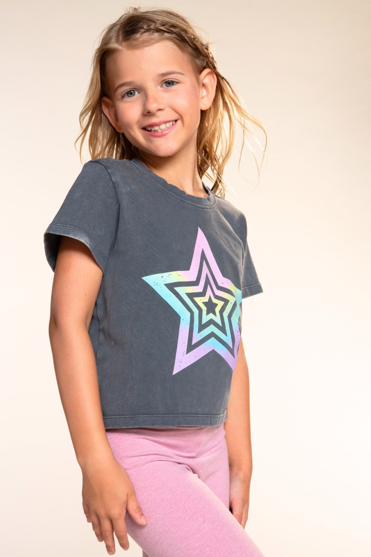 Vintaged Washed Cotton Easy Tee - Charcoal Rainbow Star - NEW!