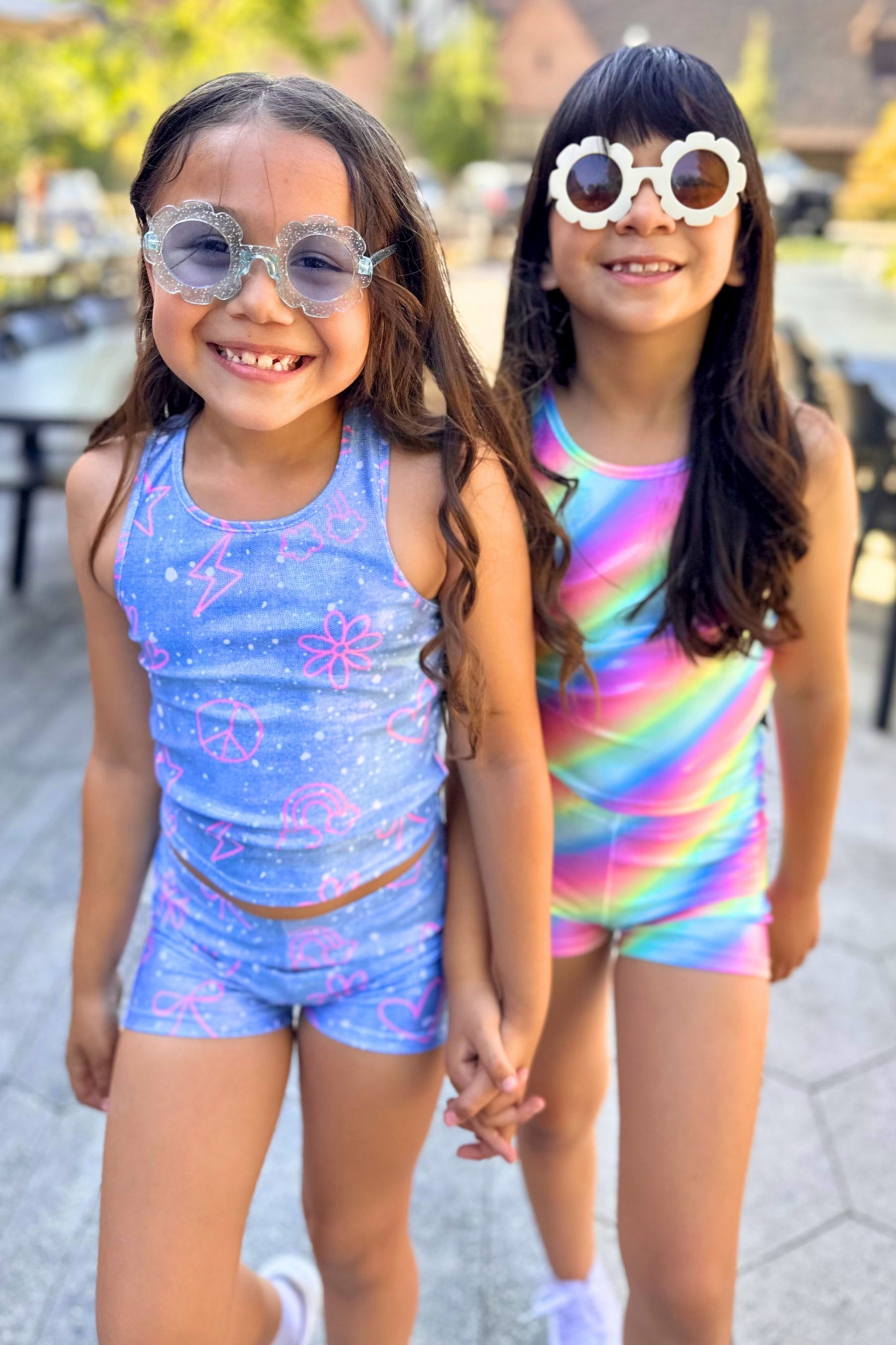 High Shine Cropped Racerback Tank & Tumble Short - Black Sparkle Rainbow Gummy Bear