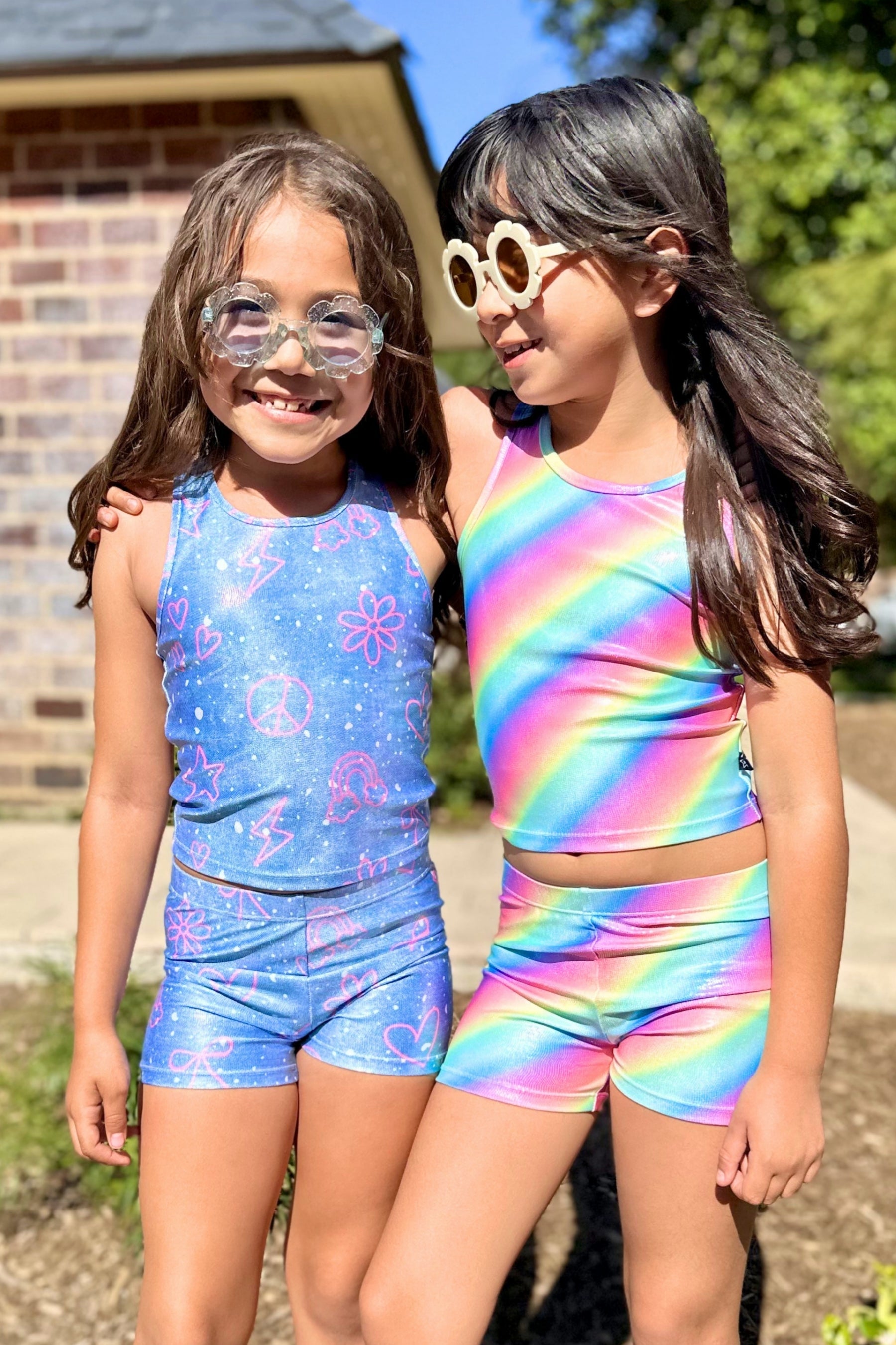 High Shine Cropped Racerback Tank & Tumble Short - Black Sparkle Rainbow Gummy Bear