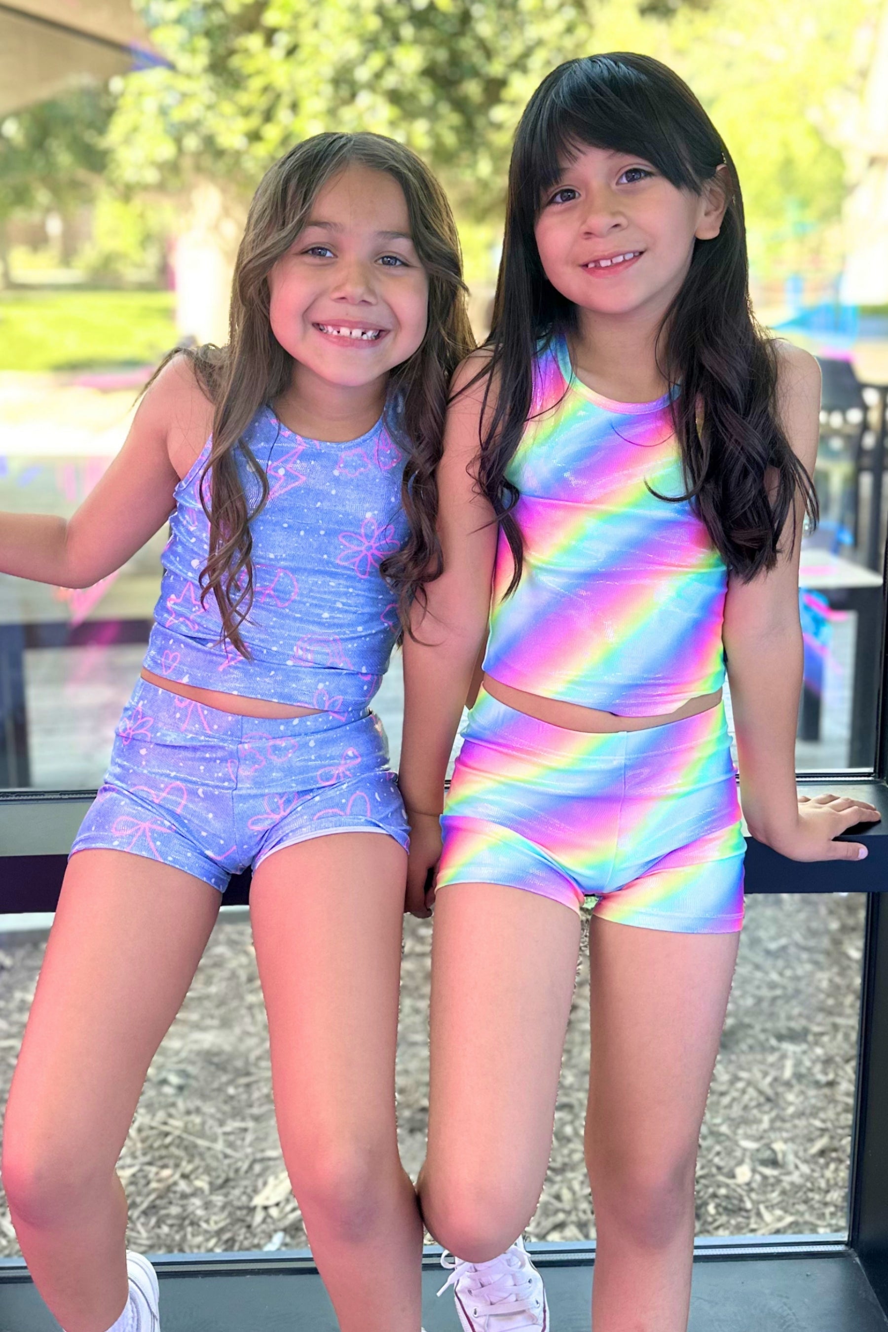 High Shine Cropped Racerback Tank & Tumble Short - Black Sparkle Rainbow Gummy Bear