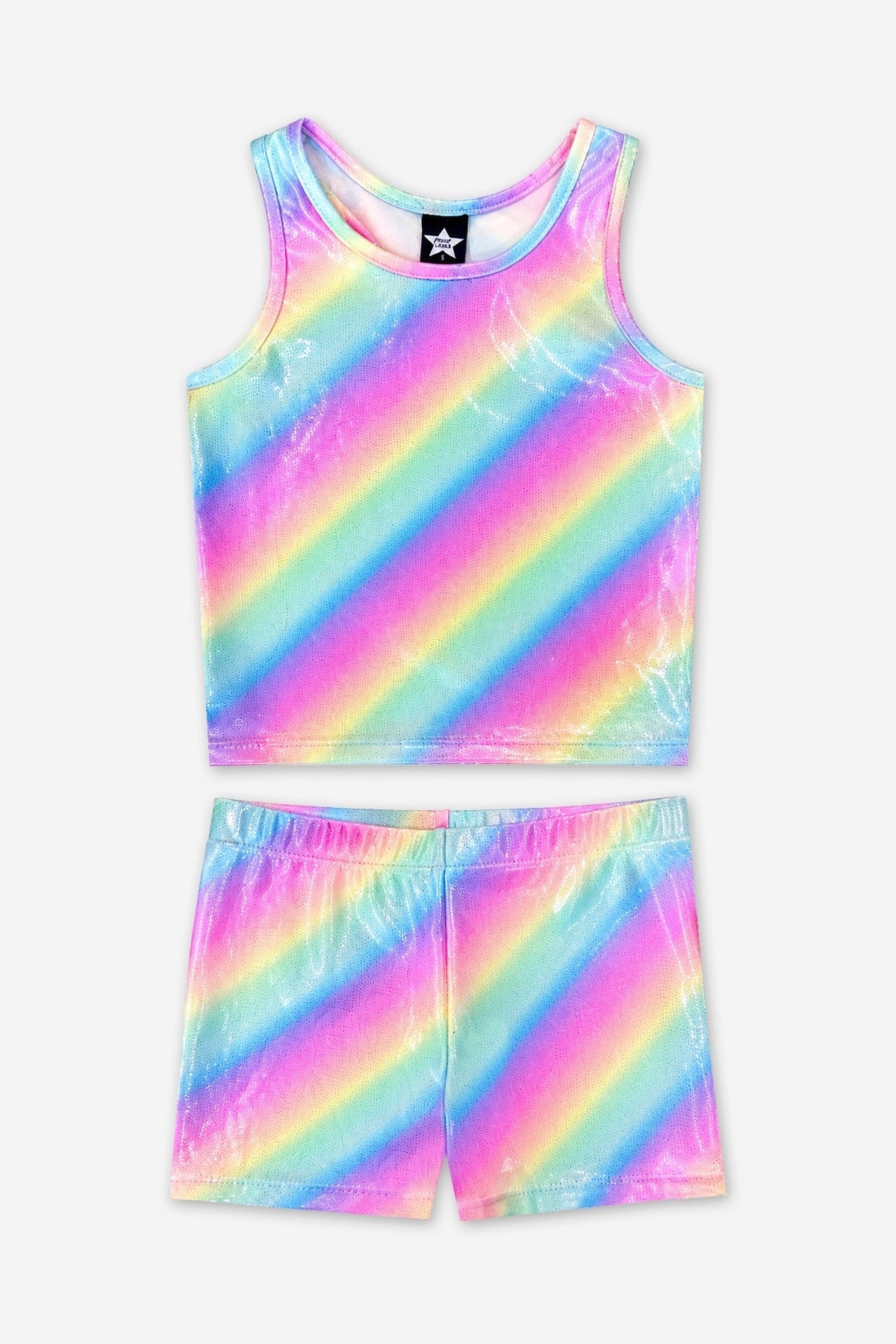 High Shine Cropped Racerback Tank & Tumble Short - Black Sparkle Rainbow Gummy Bear