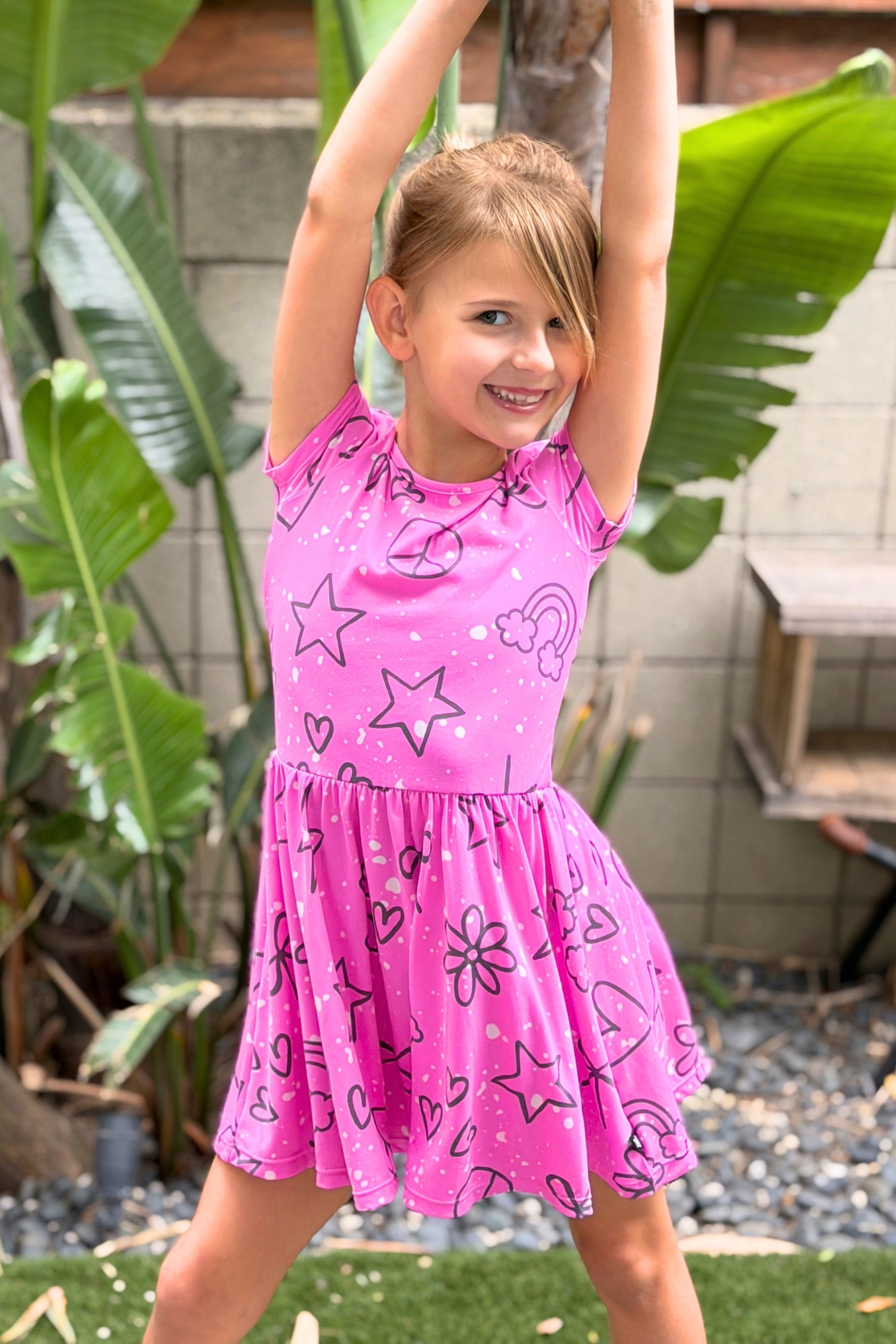 Simply Soft Short Sleeve Scoop Back Be Happy Dress - Pink Tie Dye Cherry Bow