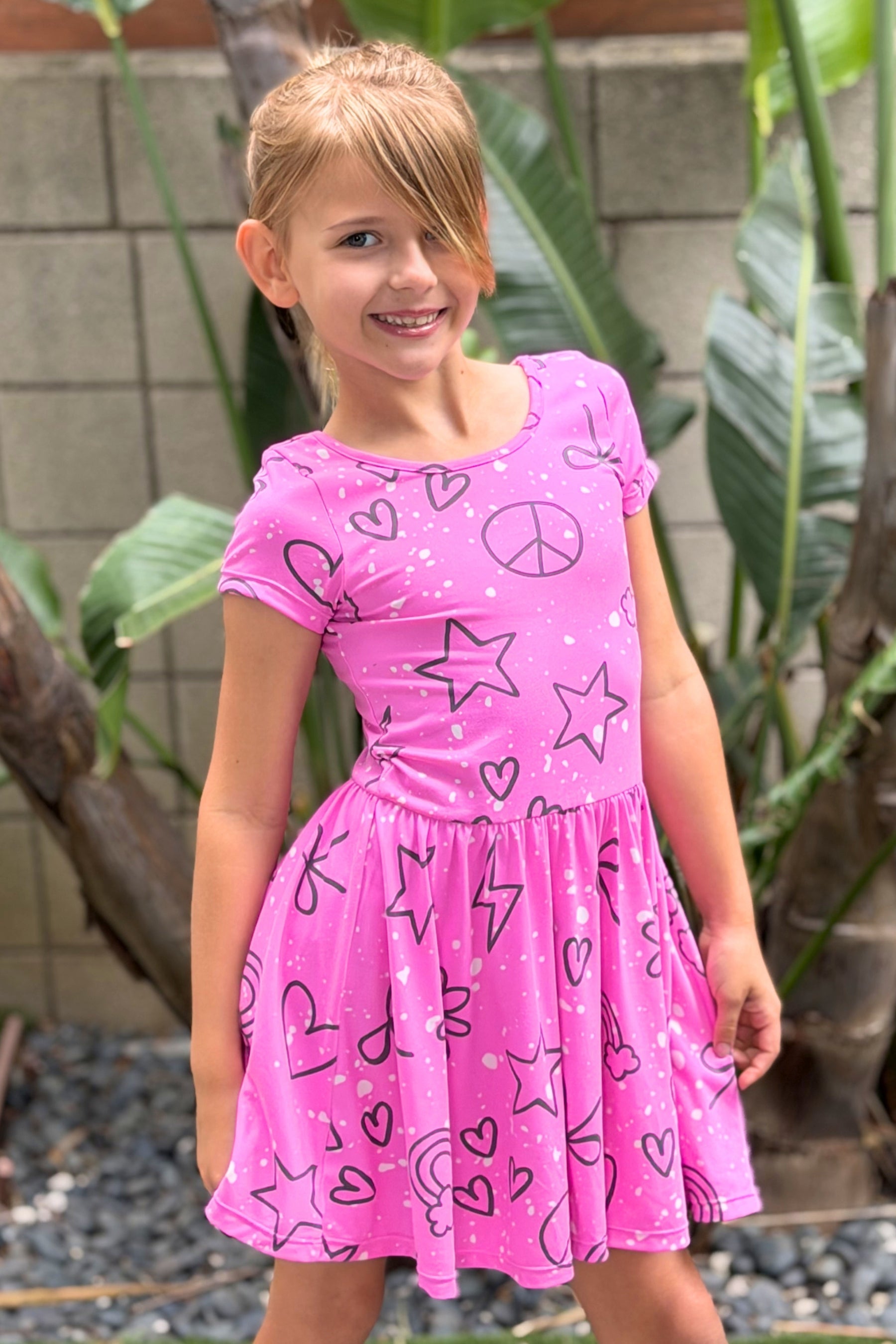 Simply Soft Short Sleeve Scoop Back Be Happy Dress - Pink Tie Dye Cherry Bow