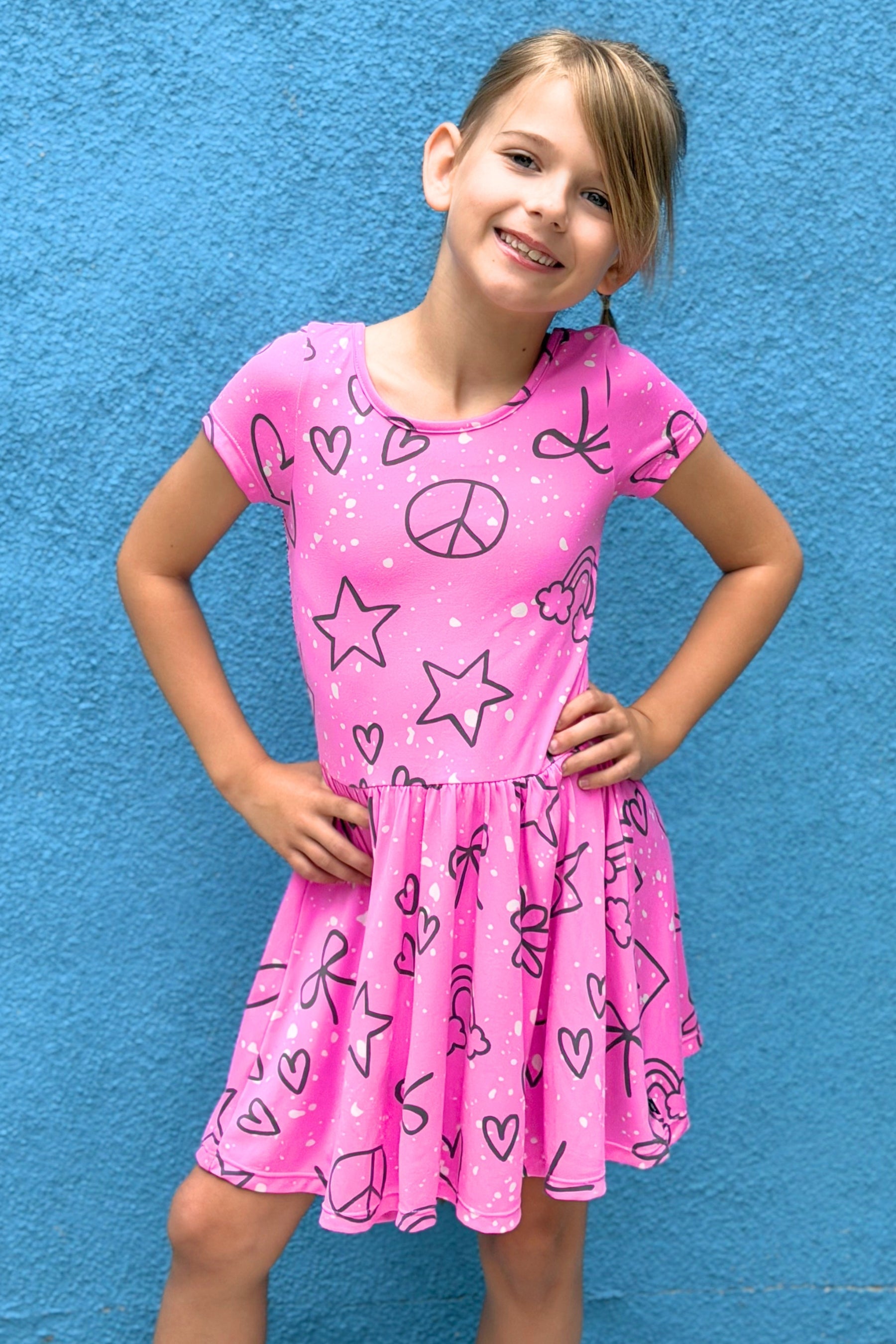 Simply Soft Short Sleeve Scoop Back Be Happy Dress - Pink Tie Dye Cherry Bow