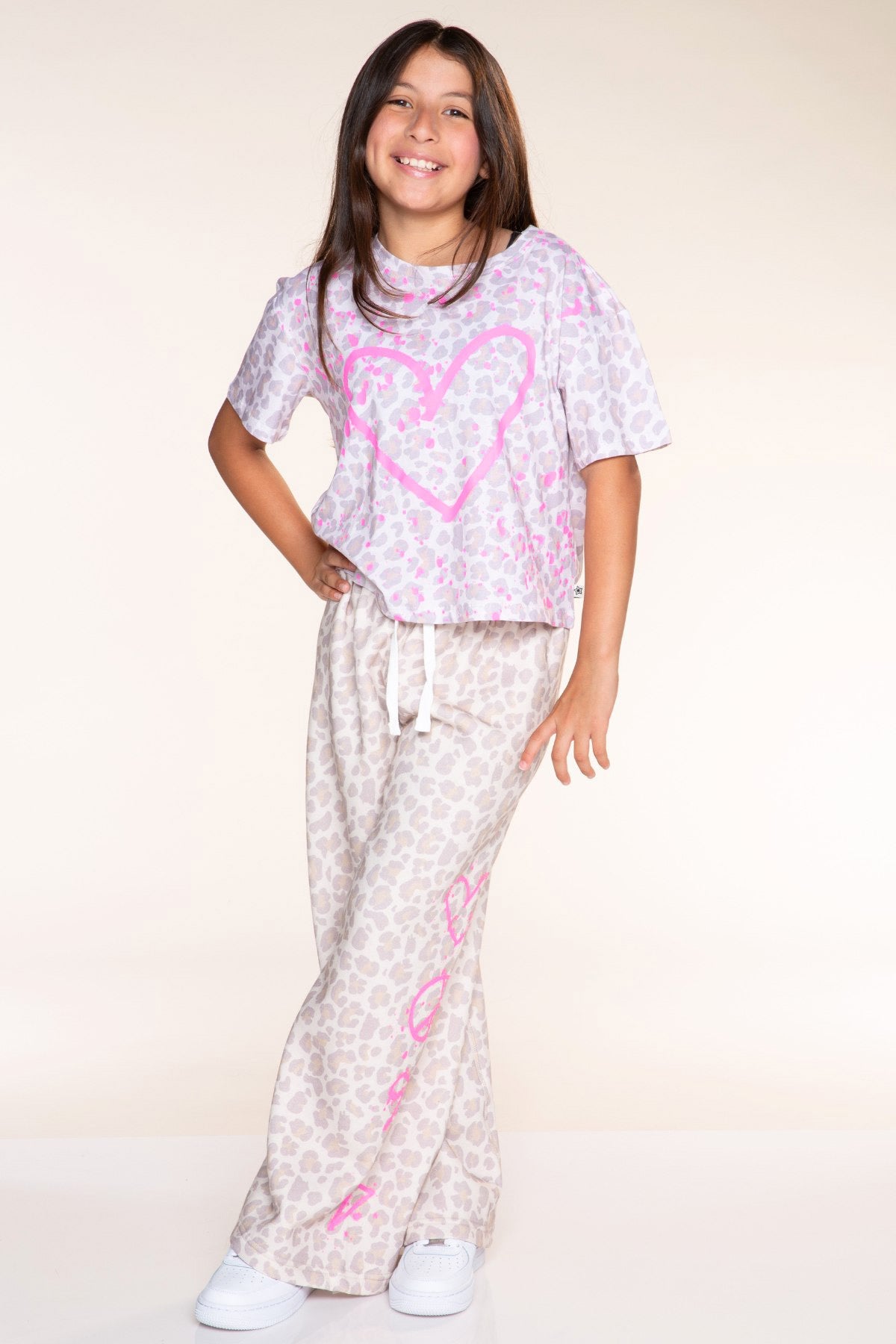 Cloud Soft French Terry Wide Leg Pant - Taupe Leopard Pink Sketch Emoji - NEW!