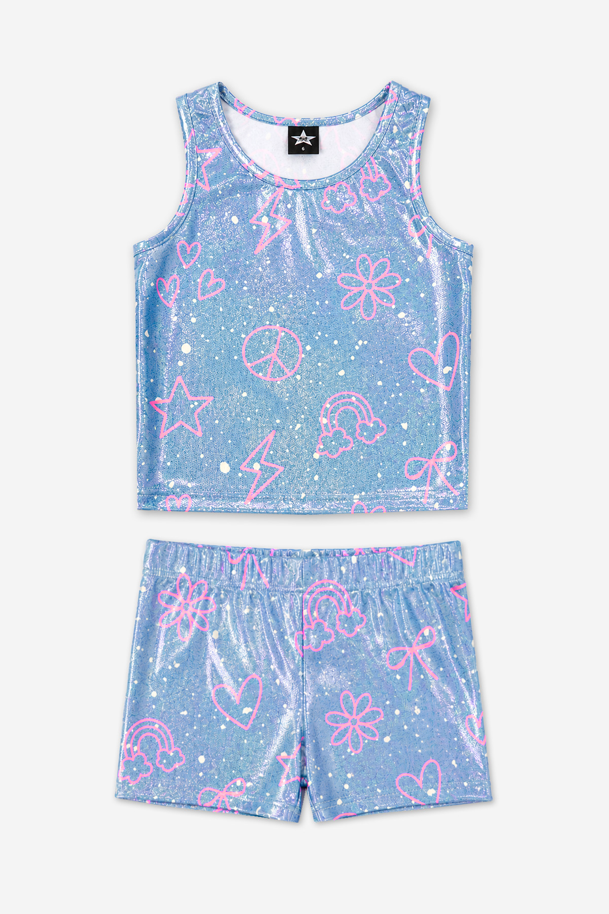 High Shine Cropped Racerback Tank & Tumble Short - Black Sparkle Rainbow Gummy Bear