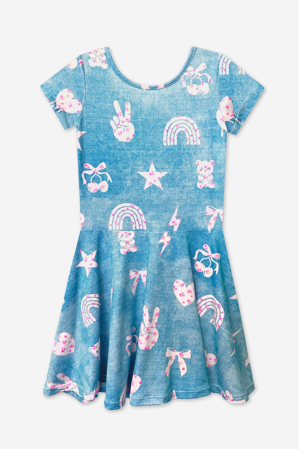 2 Pack SS Skater Dress - Denim Ivory Floral | Rainbow Leopard Heart - NEW!
