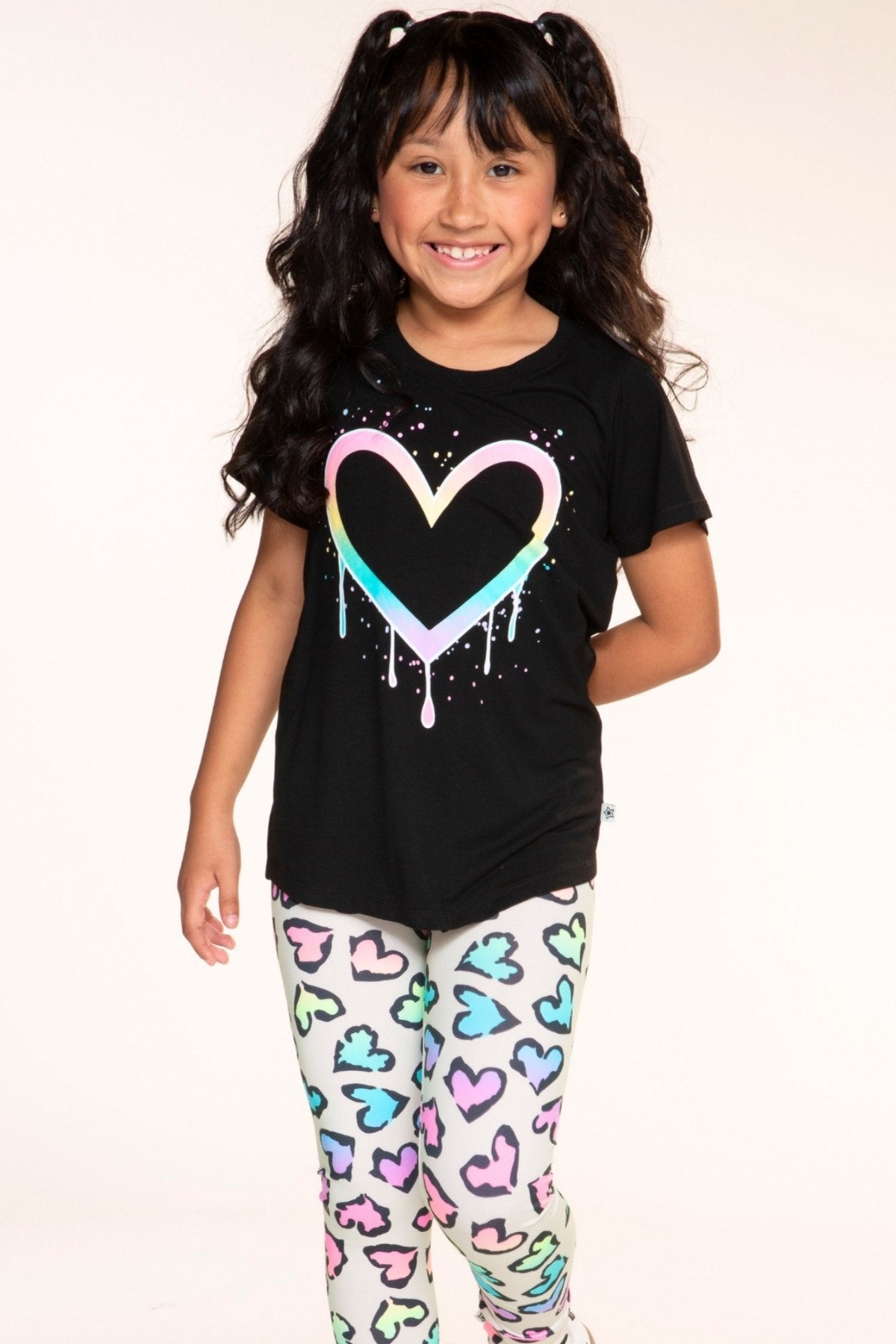 Modal Short Sleeve Shirttail Top - Black Rainbow Drip Heart - NEW!