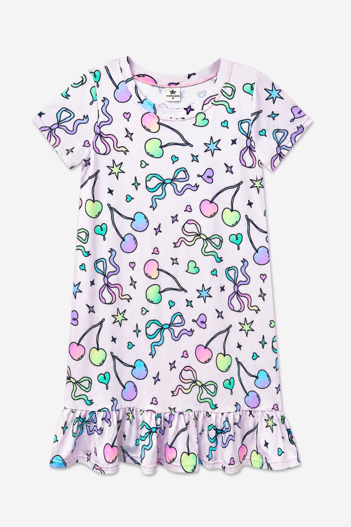 Simply Soft Short Sleeve Ruffle Lounge Dress - Pink Rainbow Bow Cherry - NEW