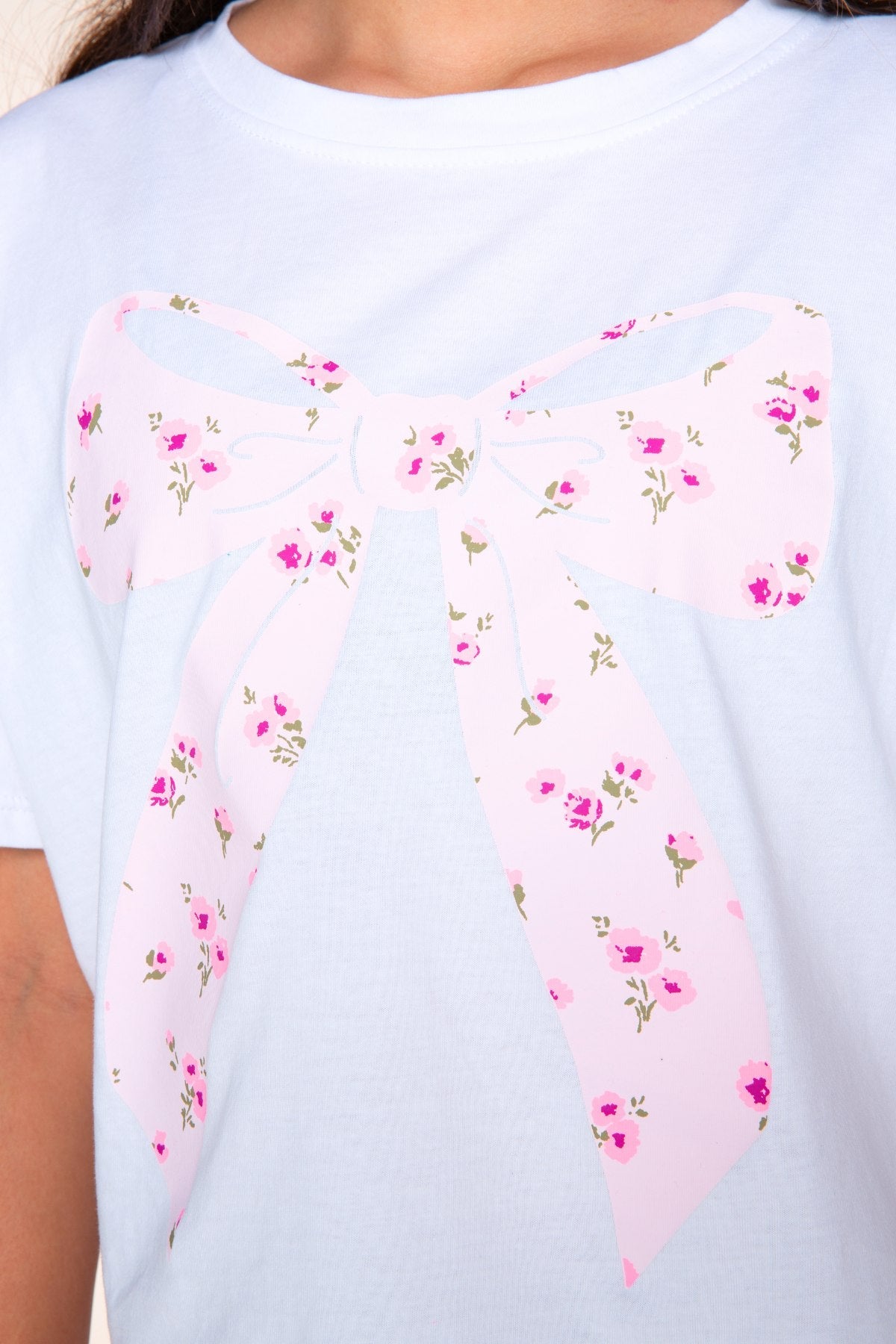 Washed Cotton Drop Shoulder Tee. - Denim Floral Smile