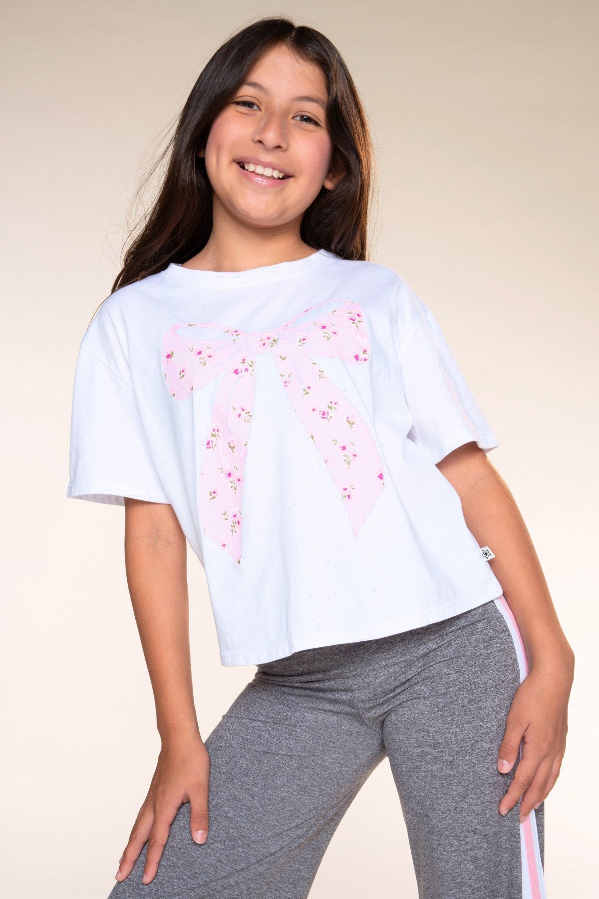 Washed Cotton Drop Shoulder Tee. - Denim Floral Smile