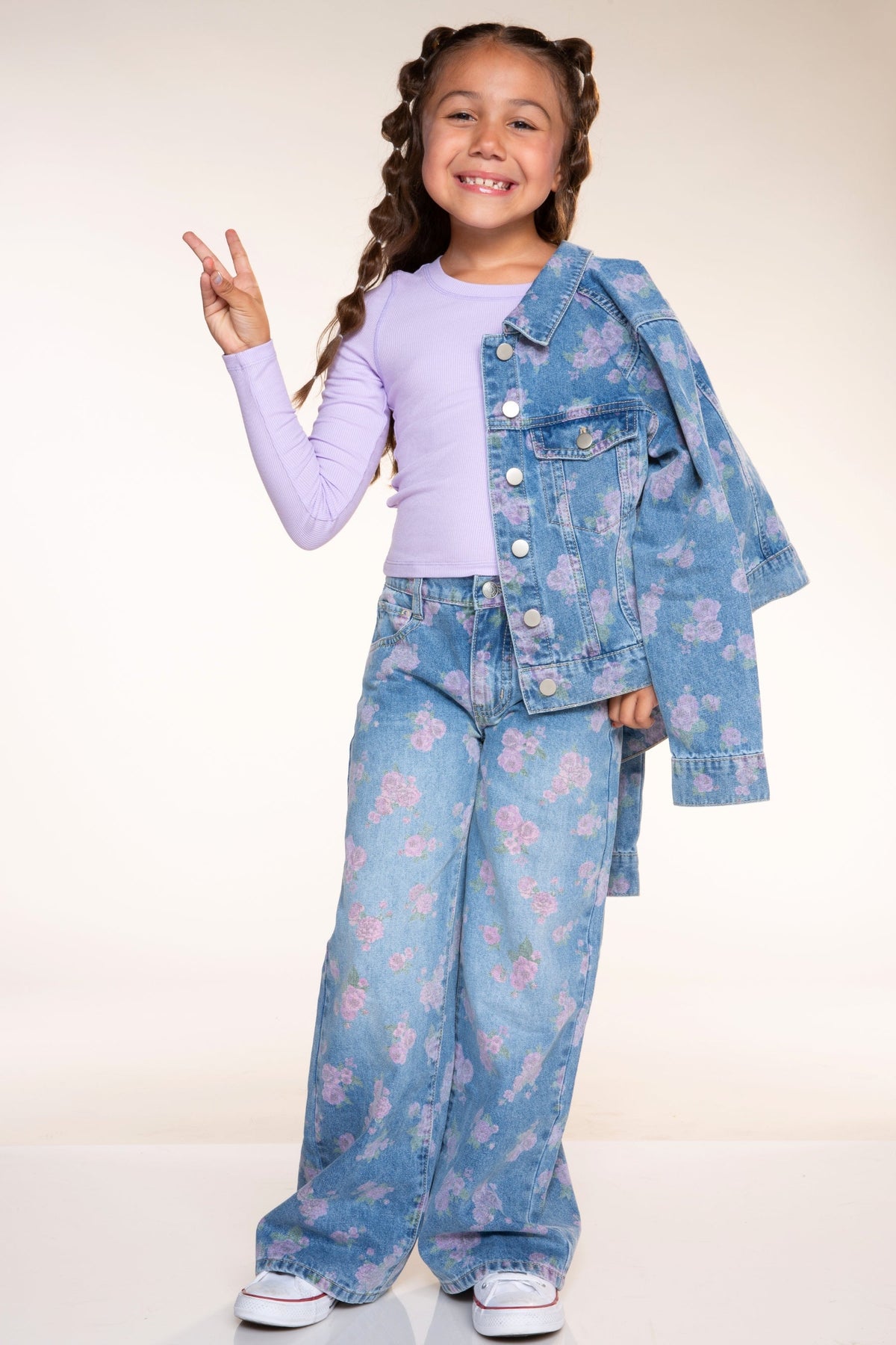 Relaxed Wide Leg Jeans - Medium Blue Wash Pink Floral - NEW!