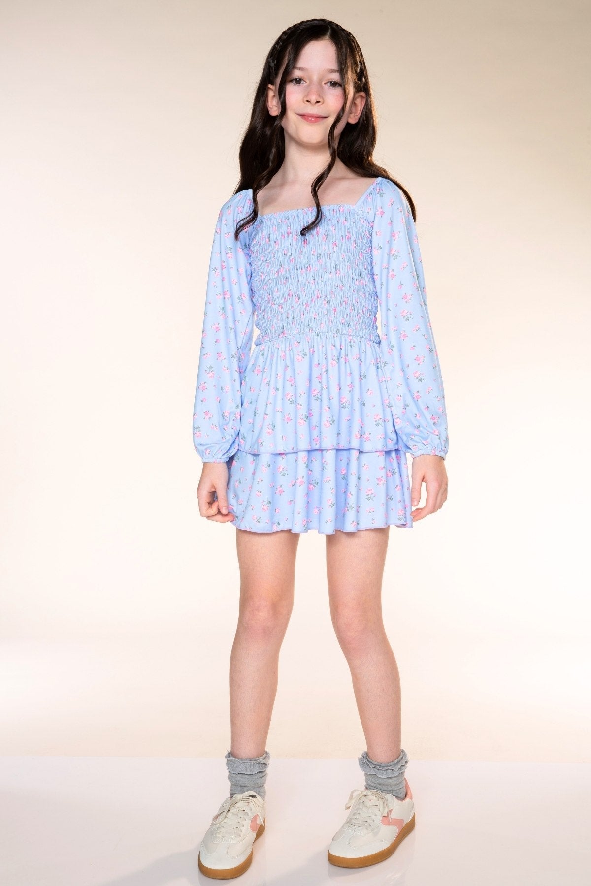Simply Soft Long Sleeve Smocked Ruffle Skirt Dress - Light Blue Floral - NEW!