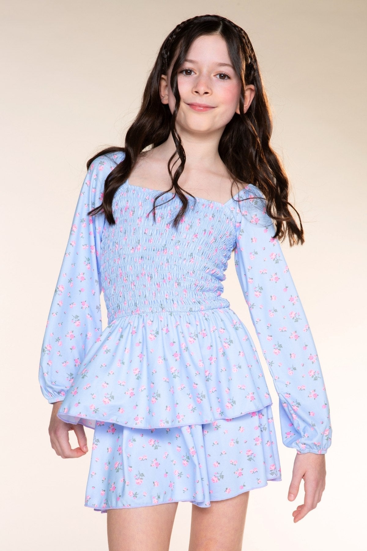 Simply Soft Long Sleeve Smocked Ruffle Skirt Dress - Light Blue Floral - NEW!