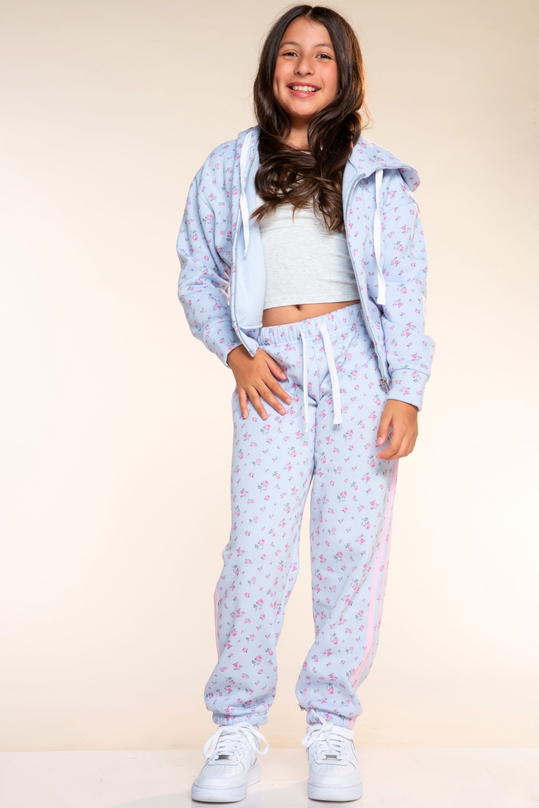 Cotton Soft French Terry Drop Shoulder Zip Hoodie - Light Blue Floral - NEW!