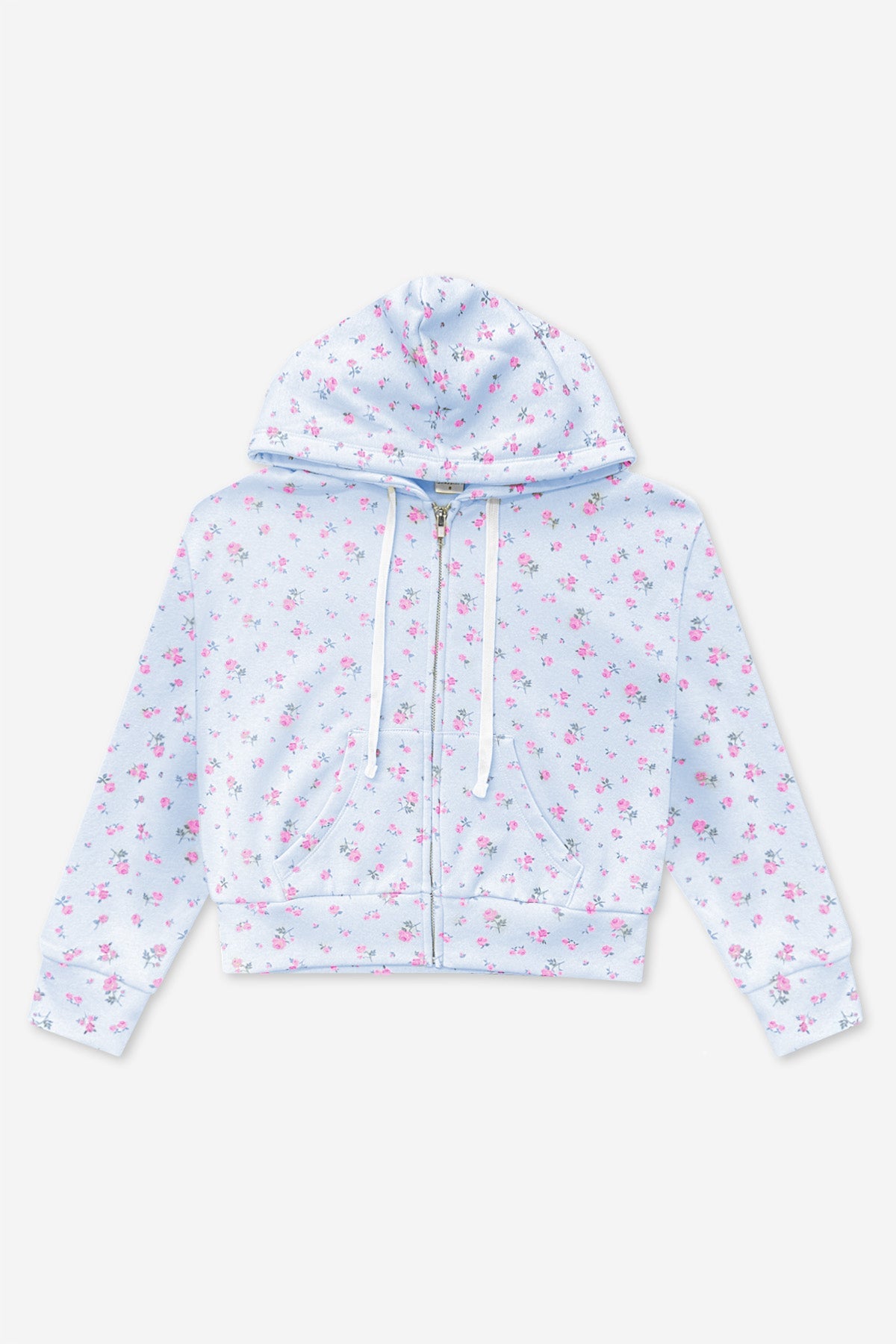 Cotton Soft French Terry Drop Shoulder Zip Hoodie - Light Blue Floral - NEW!