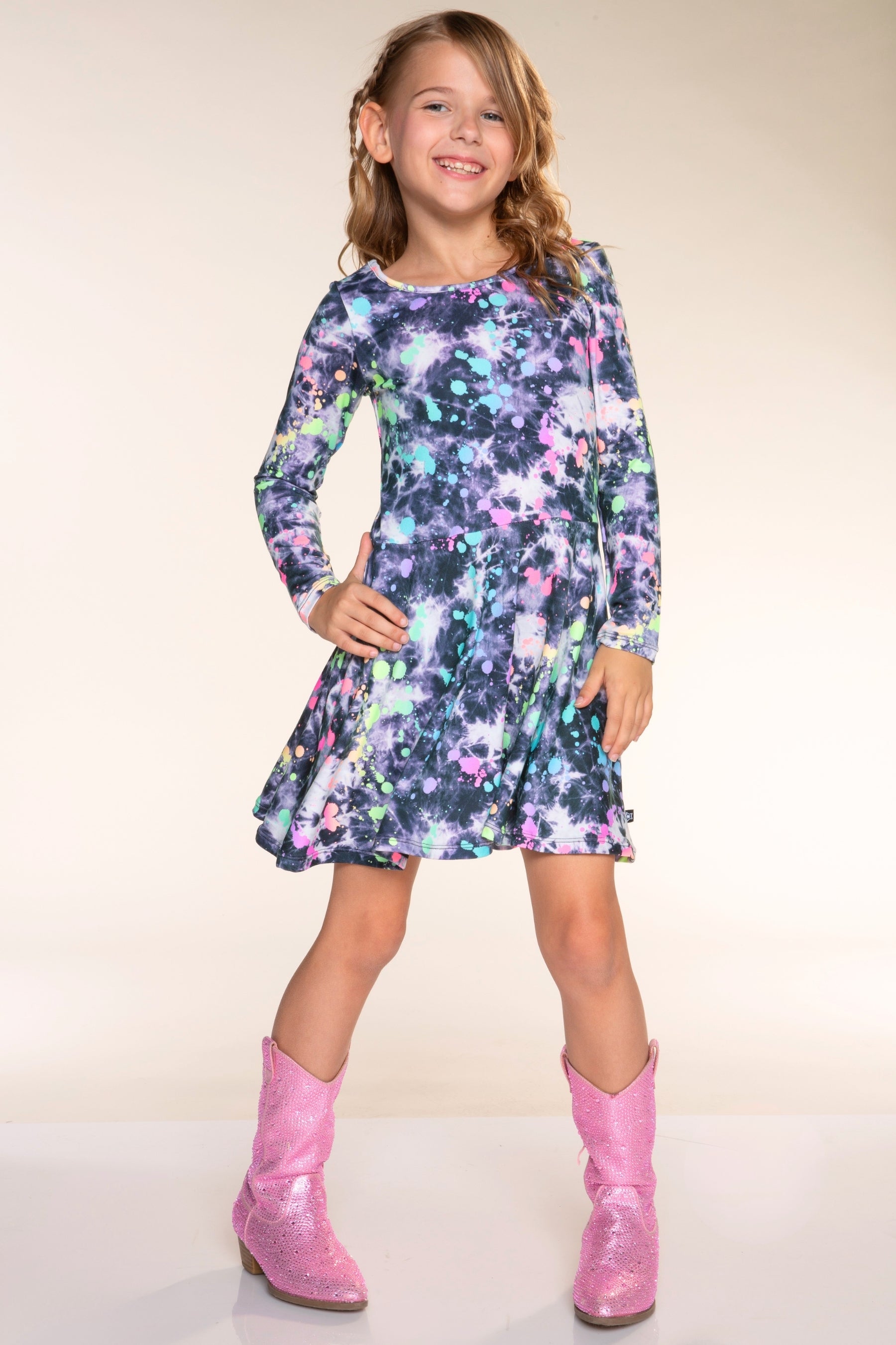 Simply Soft Long Sleeve Skater Dress - Black Tie Dye Rainbow Splatter - NEW!