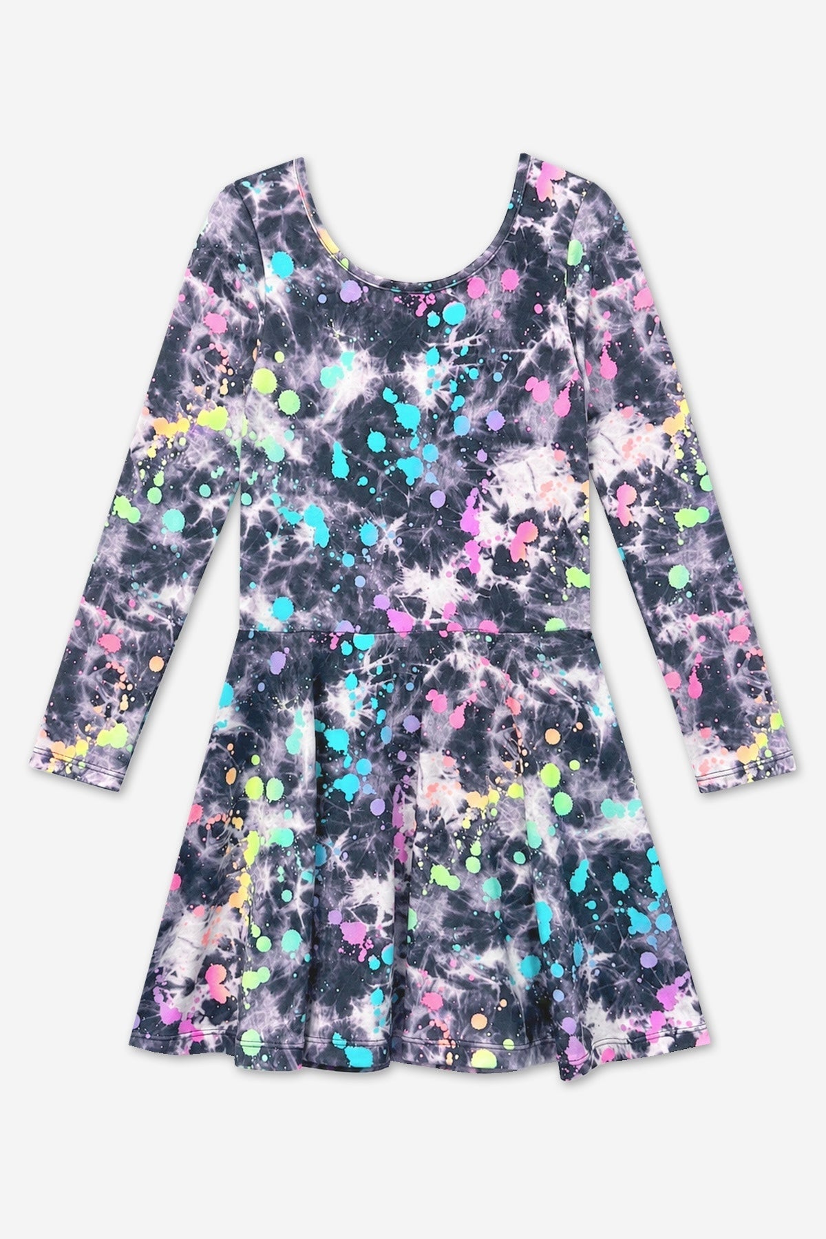 Simply Soft Long Sleeve Skater Dress - Black Tie Dye Rainbow Splatter - NEW!