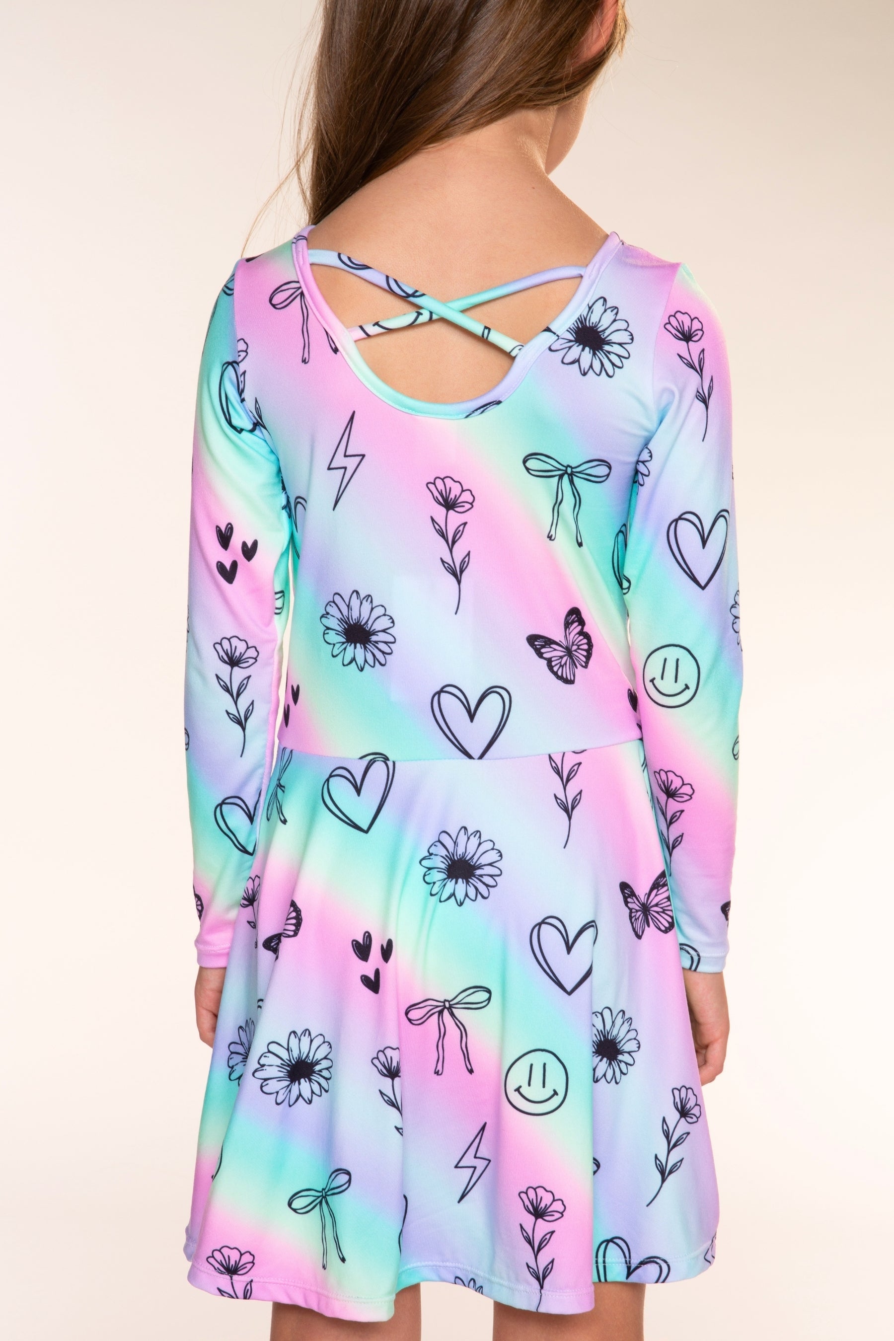 Simply Soft Long Sleeve Skater Dress - Pastel Rainbow Sketch Emoji - NEW!
