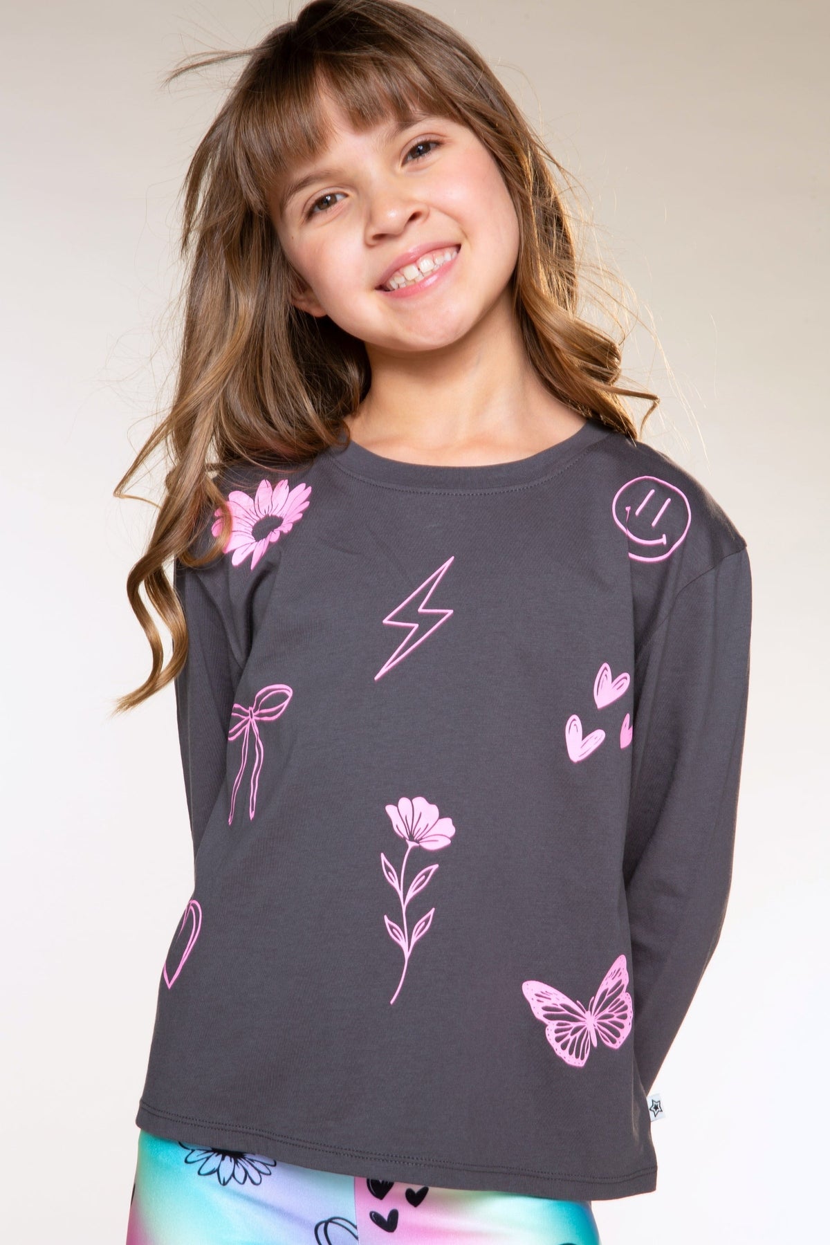 Washed Cotton Long Sleeve Easy Tee - Charcoal Pink Sketch Emojis - NEW!