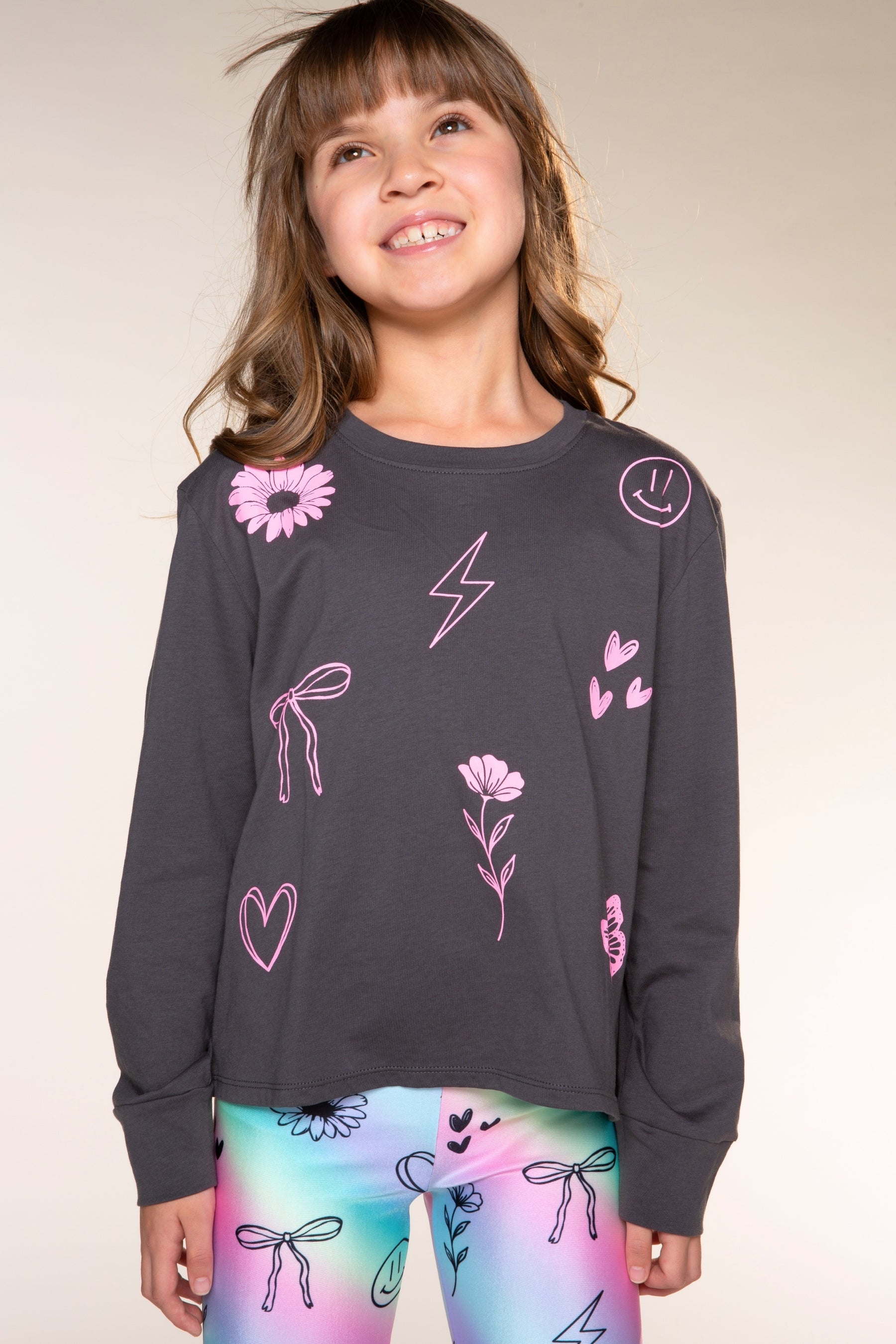 Washed Cotton Long Sleeve Easy Tee - Charcoal Pink Sketch Emojis - NEW!