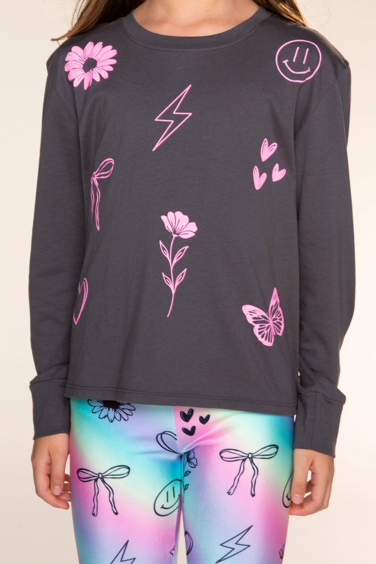 Washed Cotton Long Sleeve Easy Tee - Charcoal Pink Sketch Emojis - NEW!