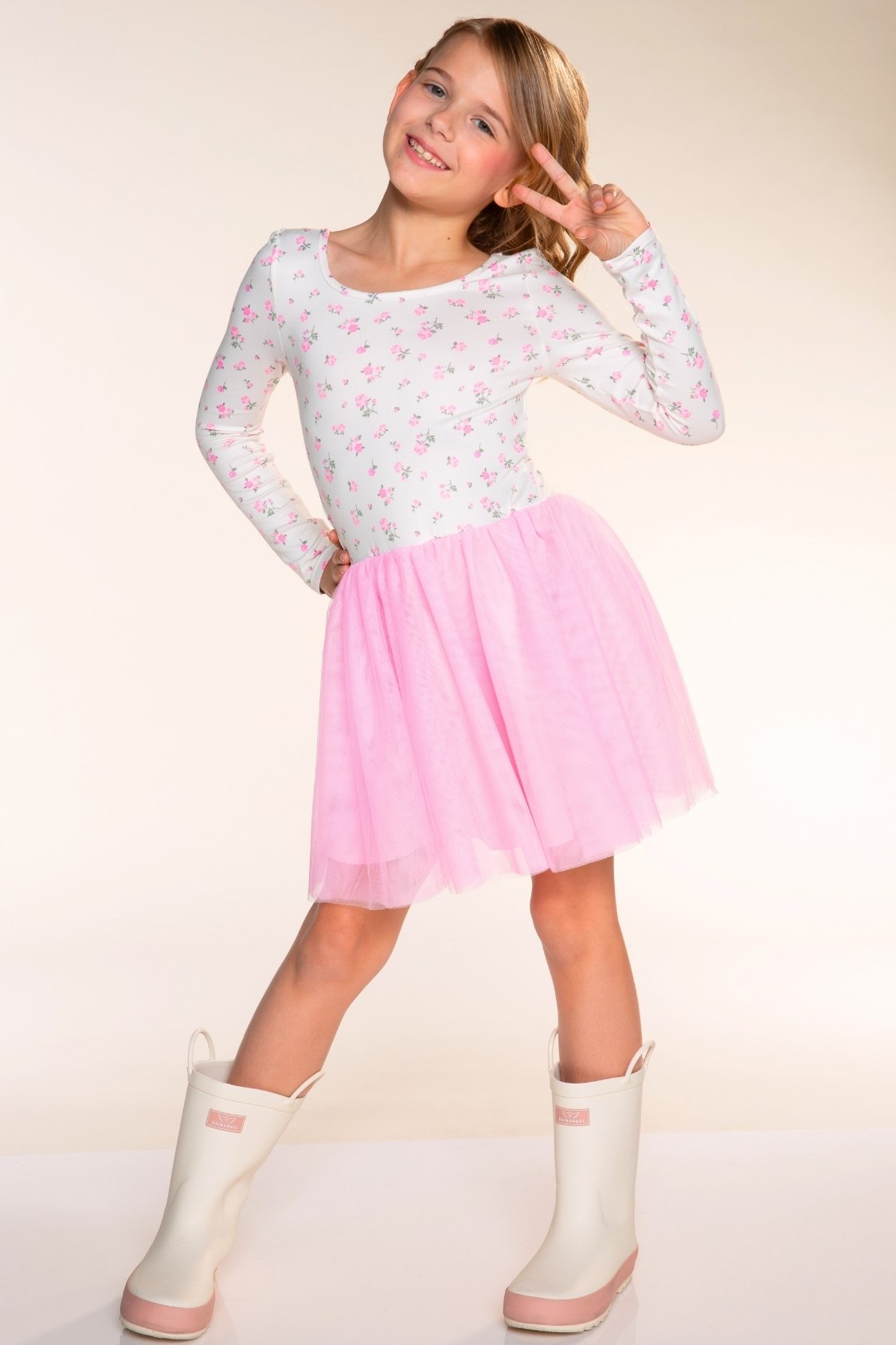 Simply Soft Long Sleeve Scoop Back Tulle Be Happy Dress - Pink Floral Bow Ivory - NEW!