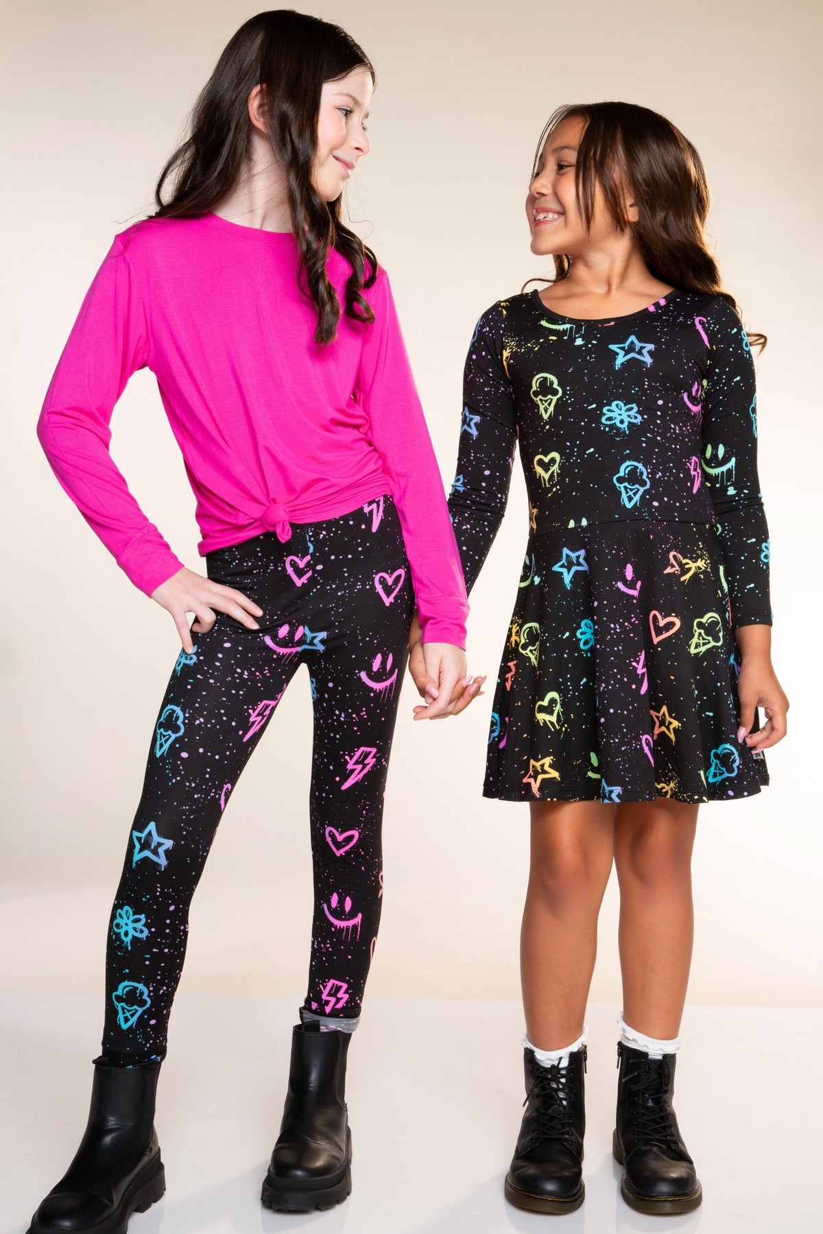 Simply Soft Long Sleeve Skater Dress - Black Graffiti Rainbow - NEW!