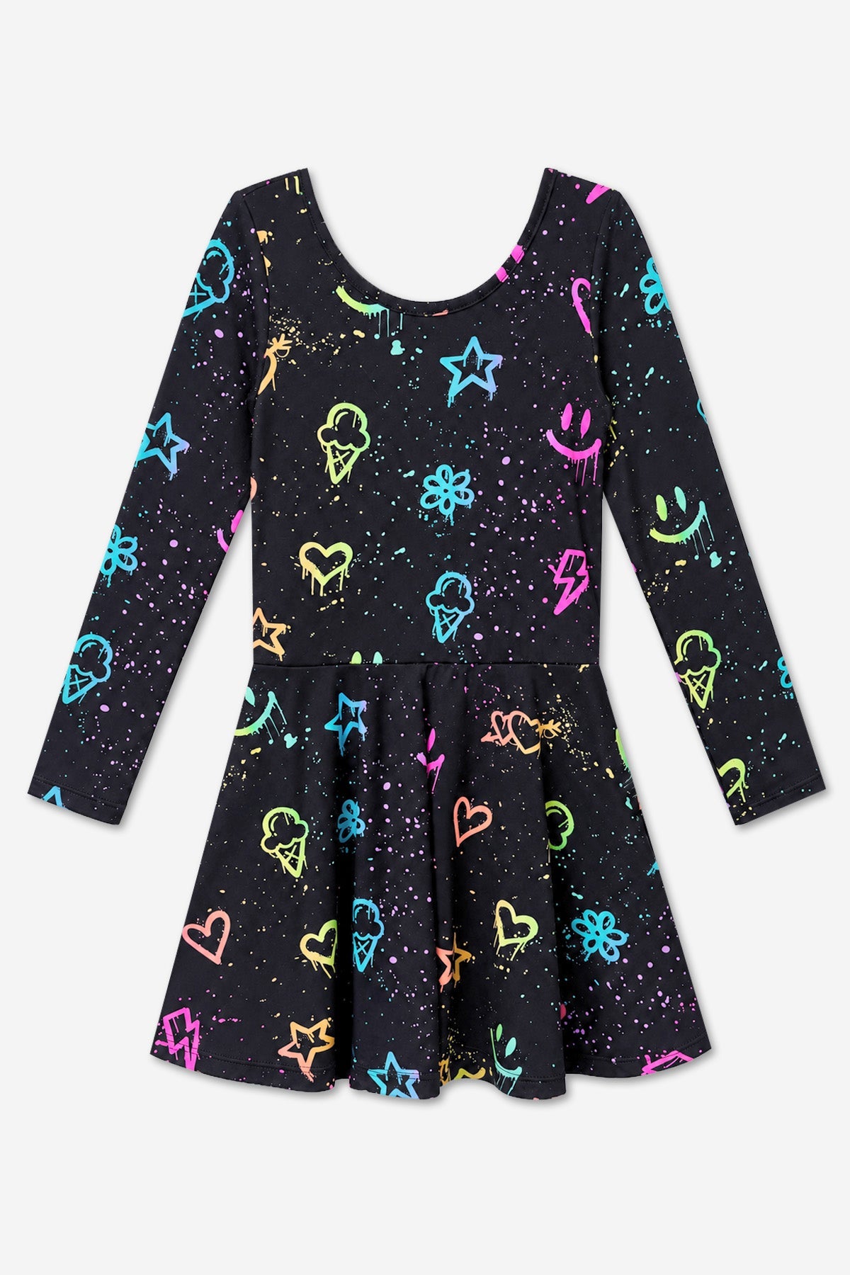 Simply Soft Long Sleeve Skater Dress - Black Graffiti Rainbow - NEW!
