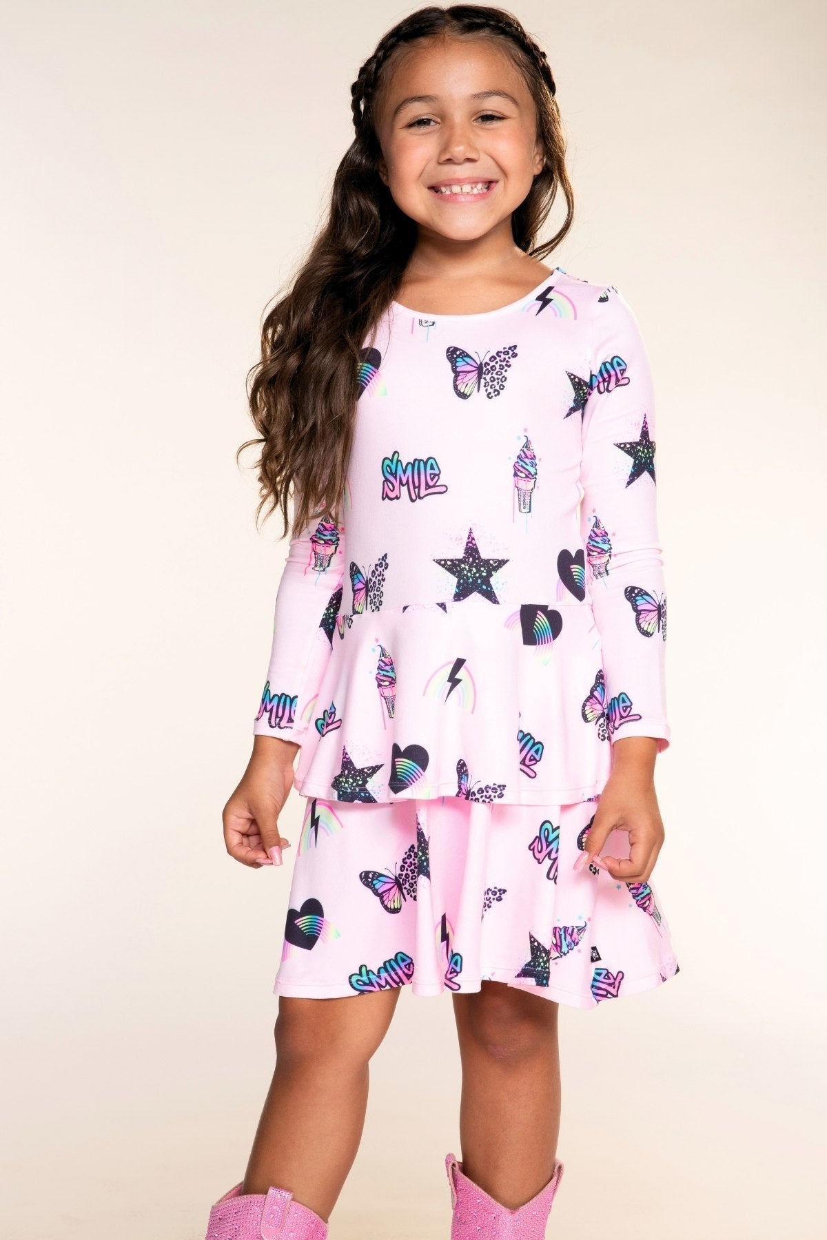 Simply Soft Long Sleeve Ruffle Skirt Dress - Light Pink Multi Rainbow Charms - NEW!