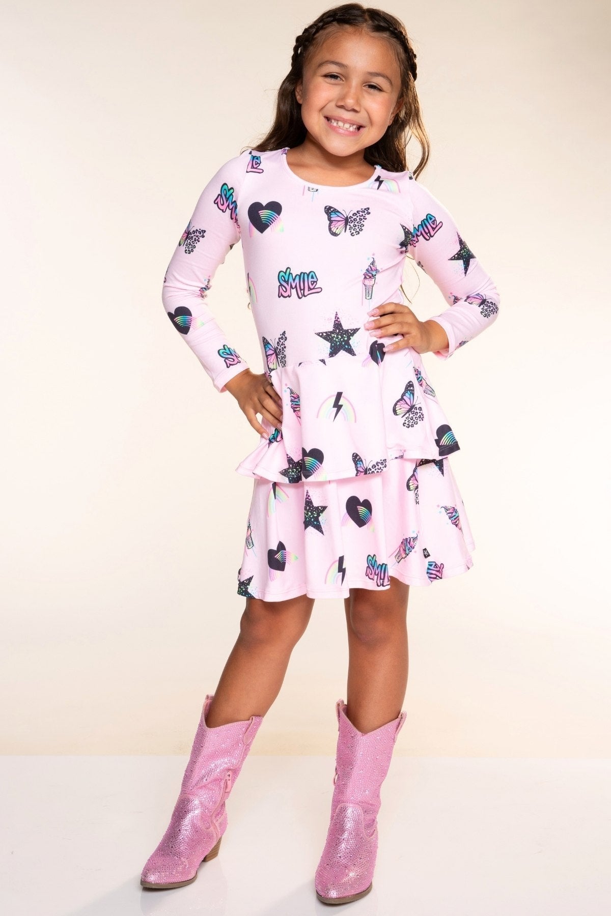Simply Soft Long Sleeve Ruffle Skirt Dress - Light Pink Multi Rainbow Charms - NEW!