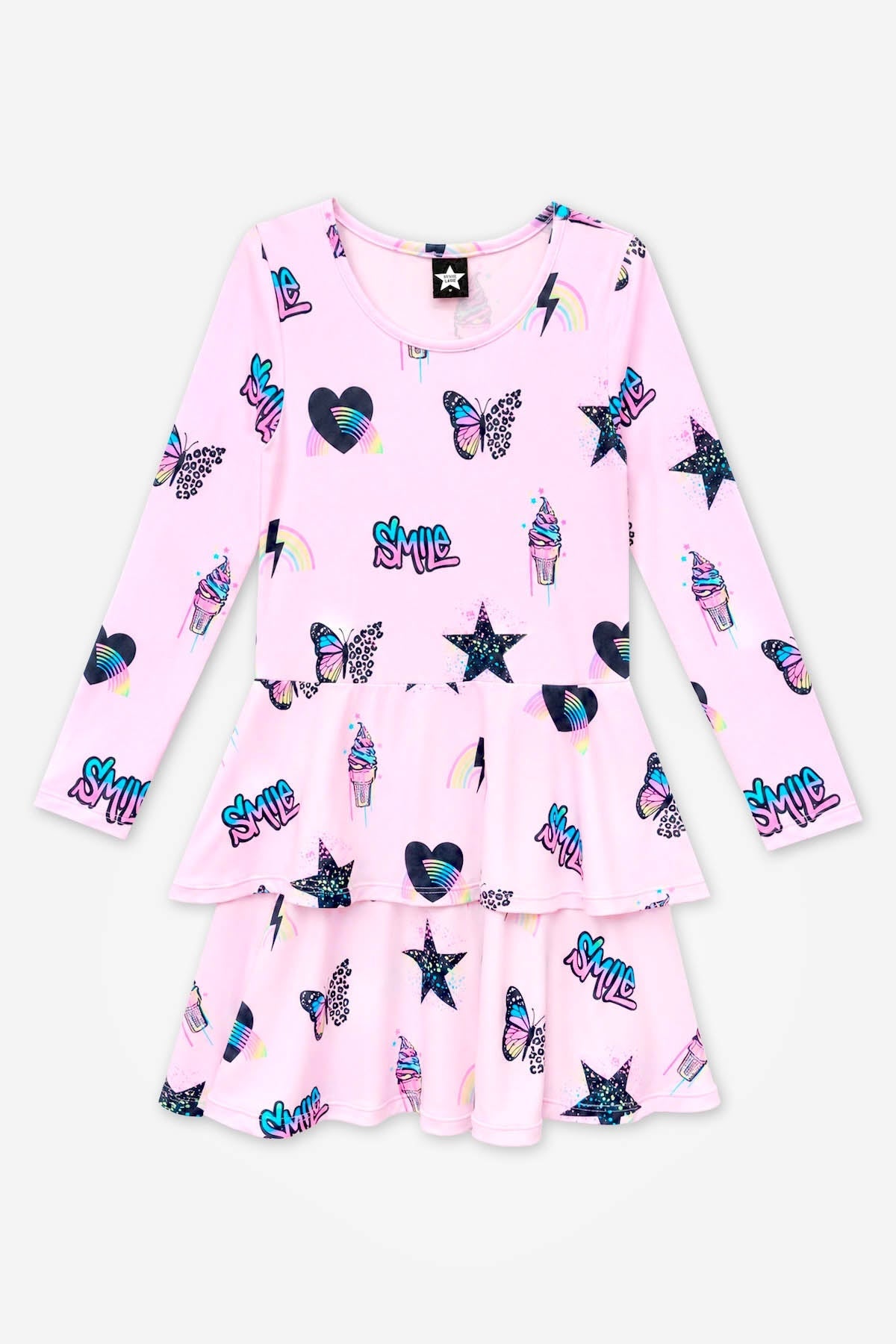 Simply Soft Long Sleeve Ruffle Skirt Dress - Light Pink Multi Rainbow Charms - NEW!
