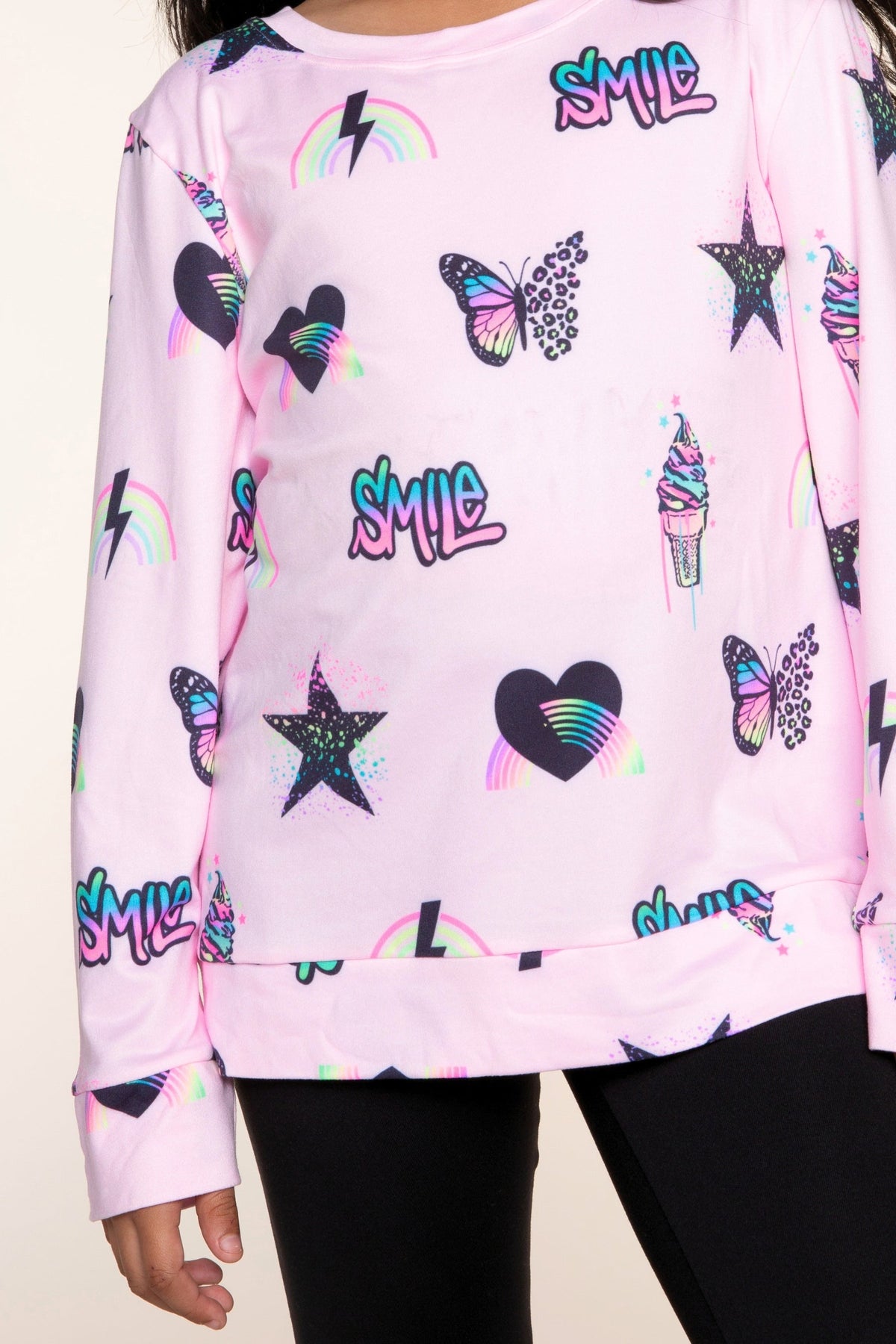 Simply Soft Long Sleeve Crew Top - Black Rainbow Gradient Smile - NEW