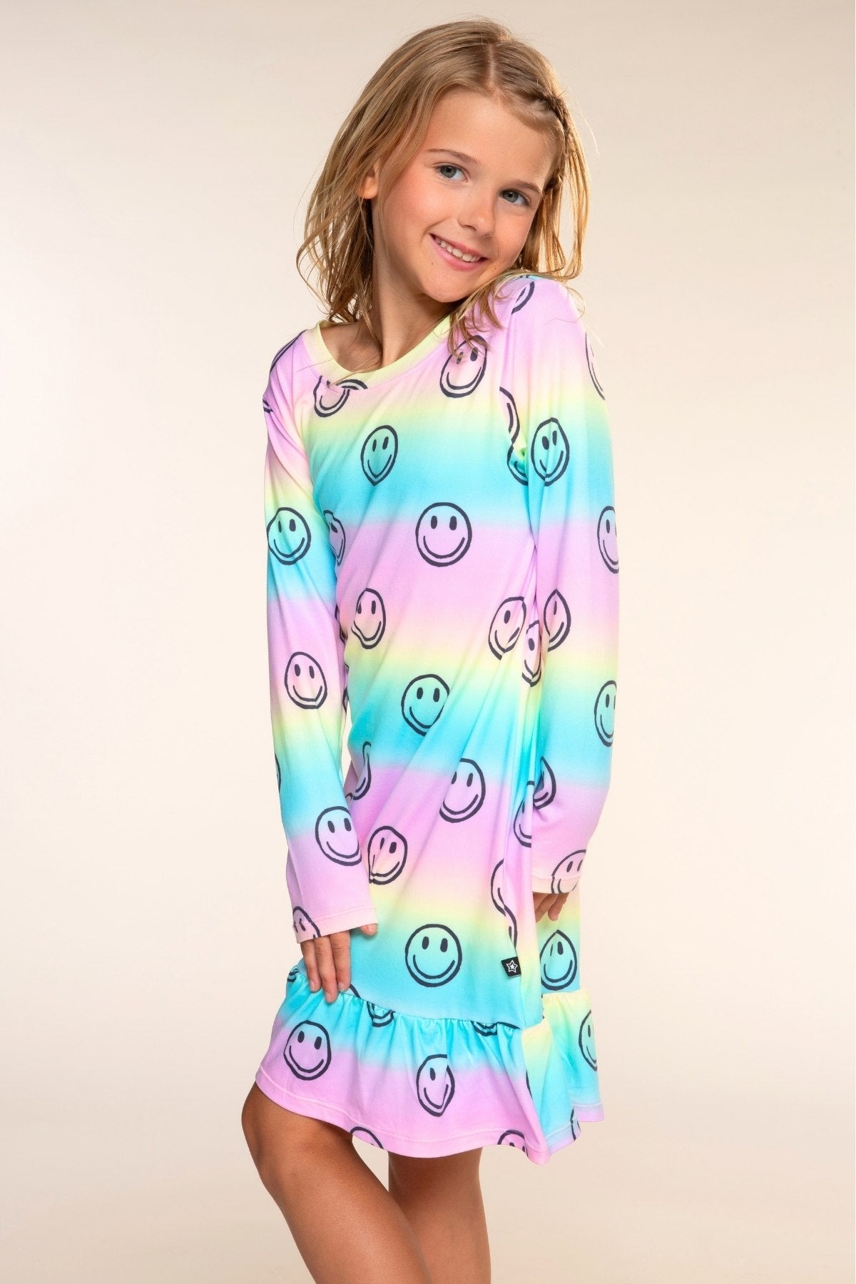 Simply Soft Long Sleeve Ruffle Lounge Dress - Rainbow Tie Dye Ring Pop - NEW!