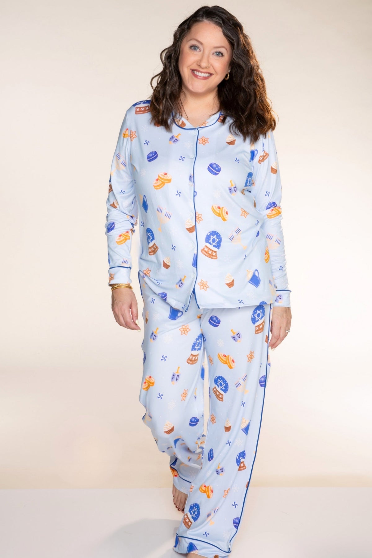 Women's Long Sleeve Simply Soft Button Down Top & Karate Pant - Ice Blue Hanukkah - NEW!