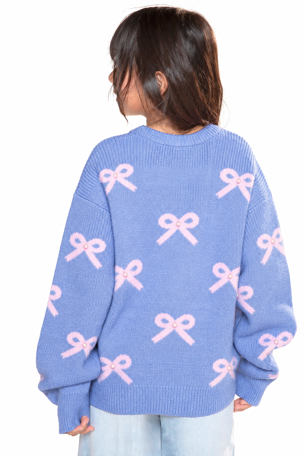 Yummy Soft Crew Shaker Sweater - Denim Blush Pearly Bows - NEW!
