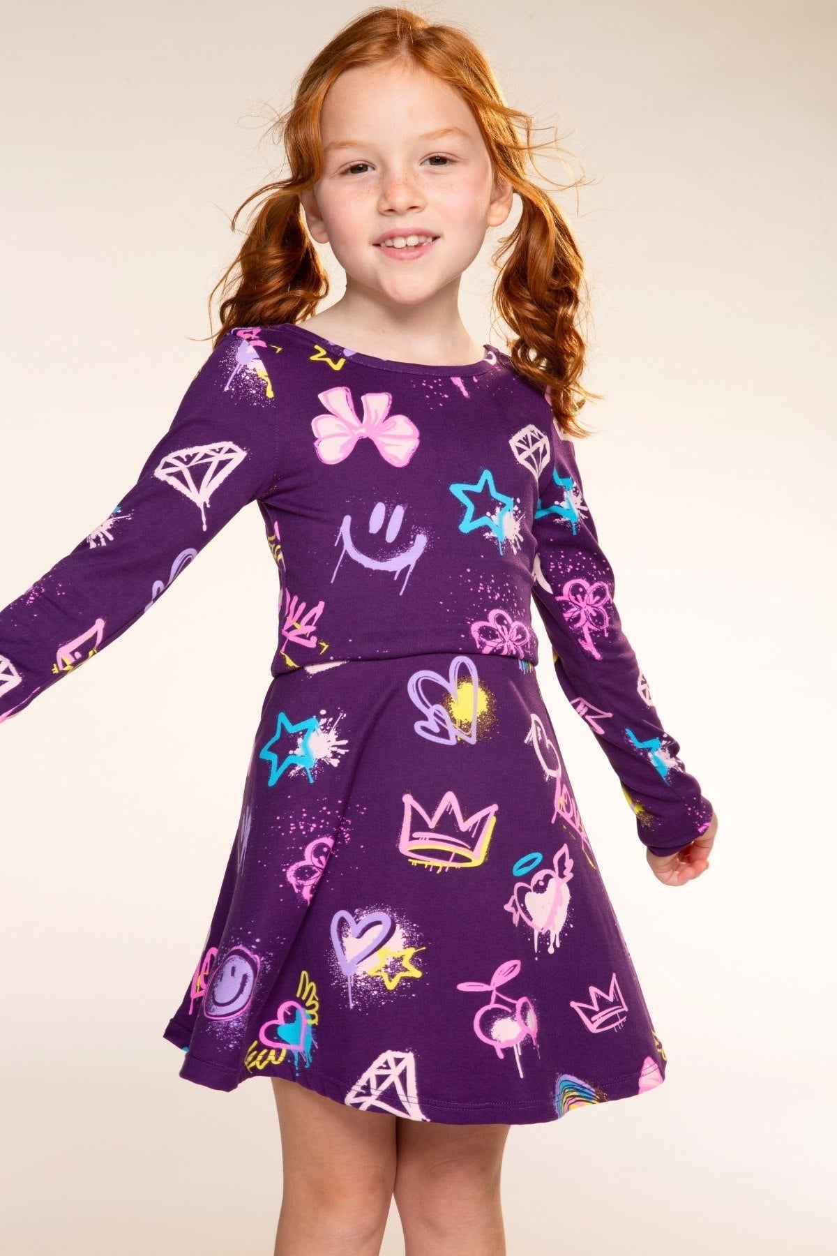 4 Pack Simply Soft L/S Skater Dress - Black Graffiti Rainbow | Pastel Rainbow Sketch Emoji | Black Rainbow Tie Dye Star | Dk Purple Rainbow Graffiti - NEW!