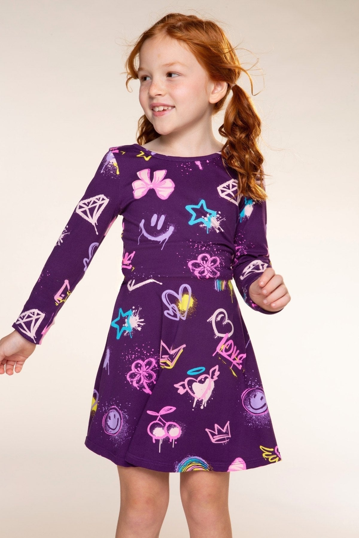 Simply Soft Long Sleeve Skater Dress - Dk Purple Rainbow Graffiti - NEW!