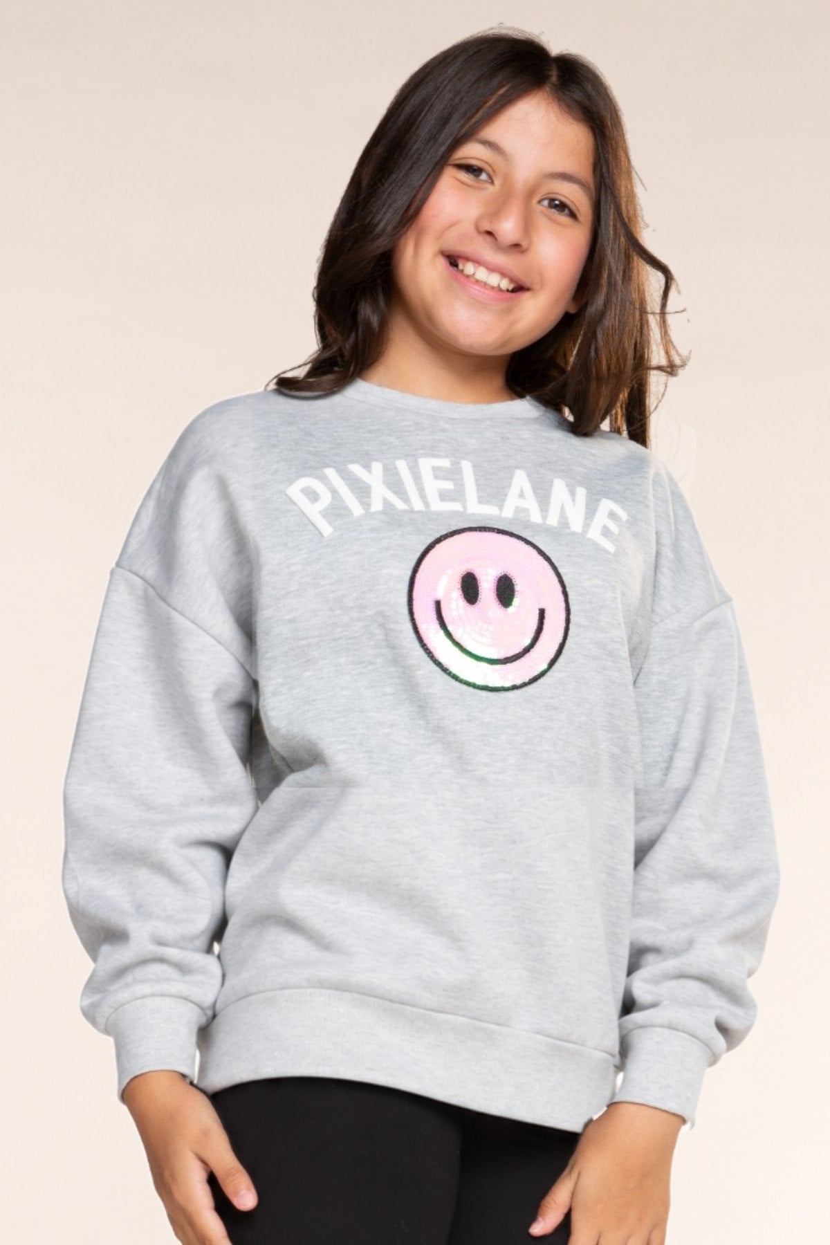 Cloud Soft French Terry Heavyweight Long Sleeve Crew Sweatshirt - Heather Grey PixieLane Sequin Smile - NEW!